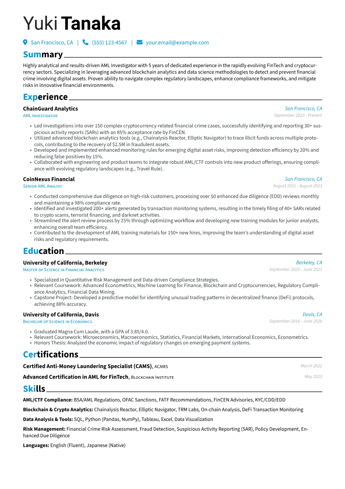 AML Investigator resume example, AML/CTF Compliance, page 1