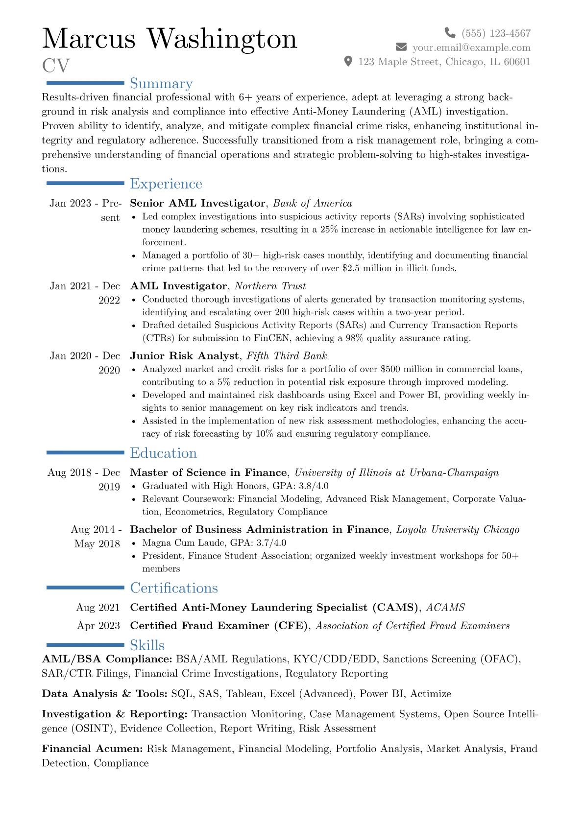 AML Investigator resume example, Career changer, page 1