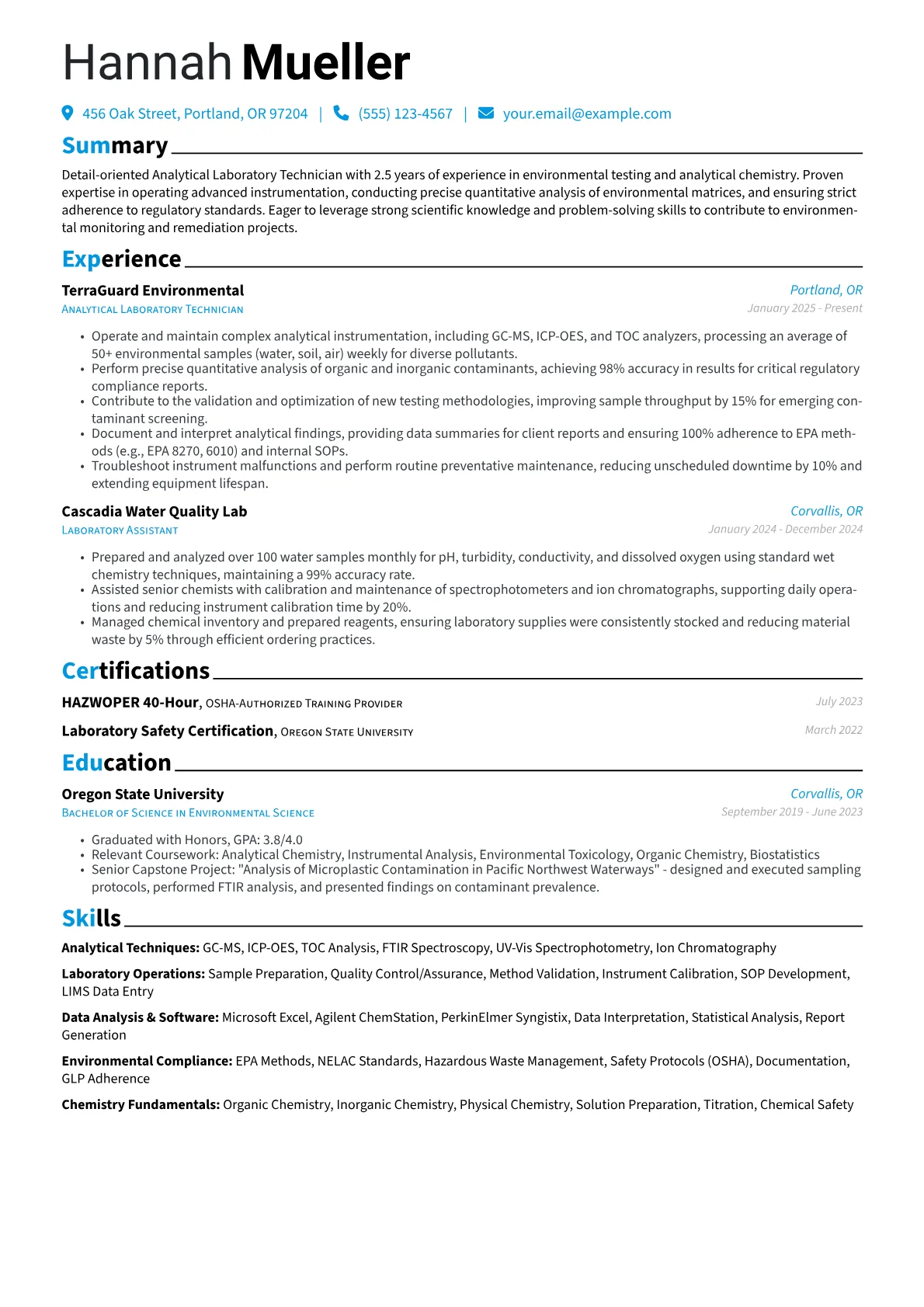 Analytical Laboratory Technician resume example, Environmental Focus, page 1