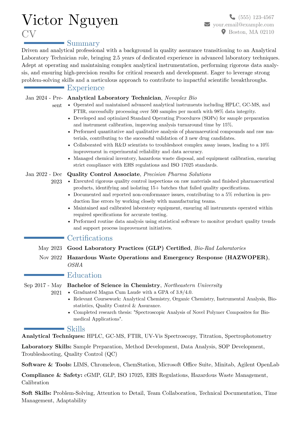 Analytical Laboratory Technician resume example, Career changer, page 1