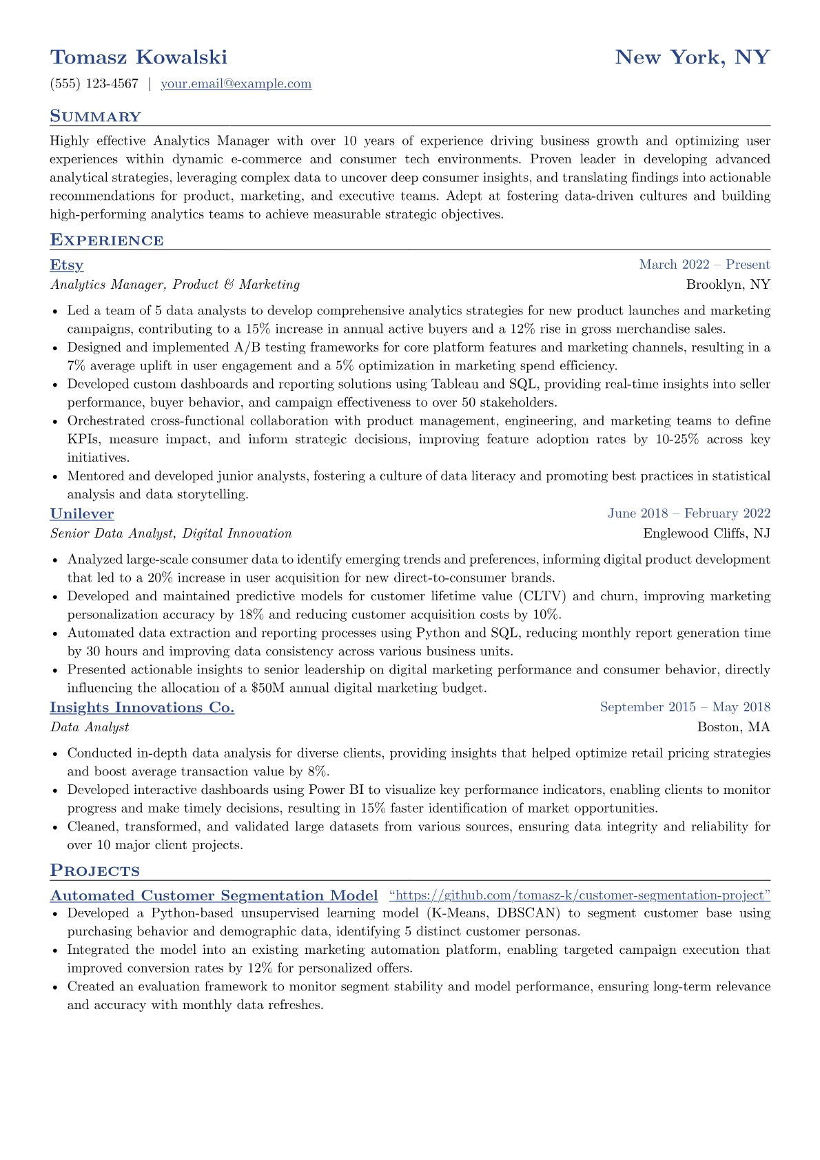 Analytics Manager resume example, Analytics Manager, page 1