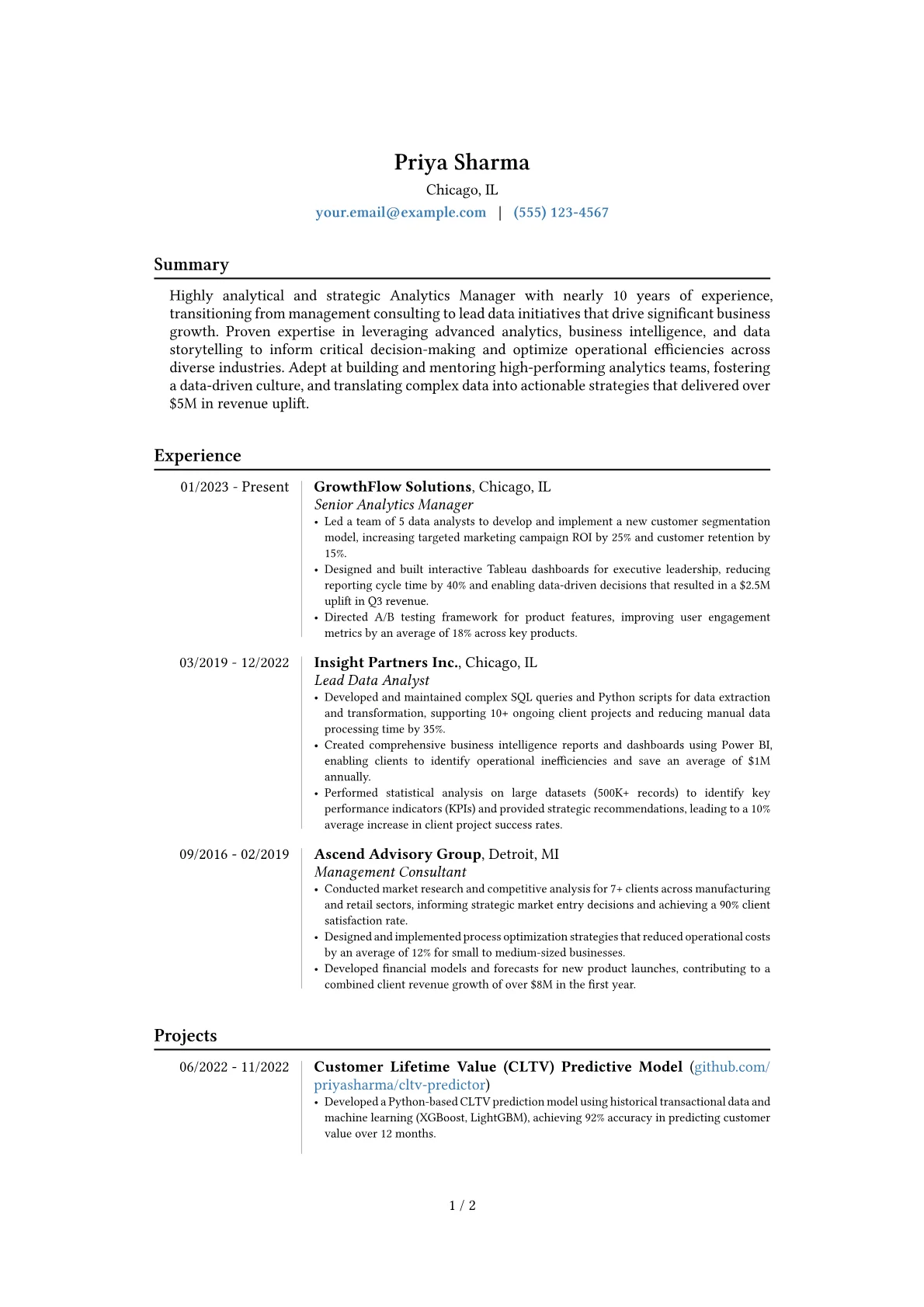 Analytics Manager resume example, Career changer, page 1
