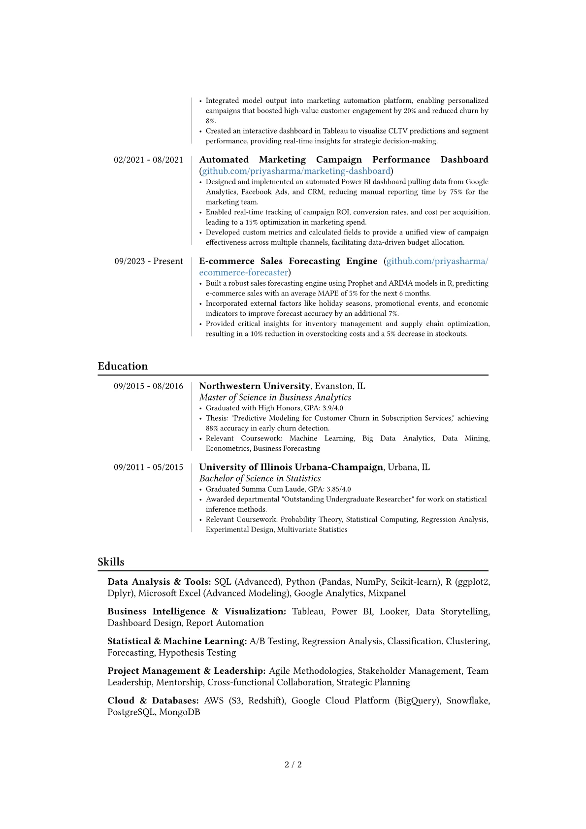 Analytics Manager resume example, Career changer, page 2