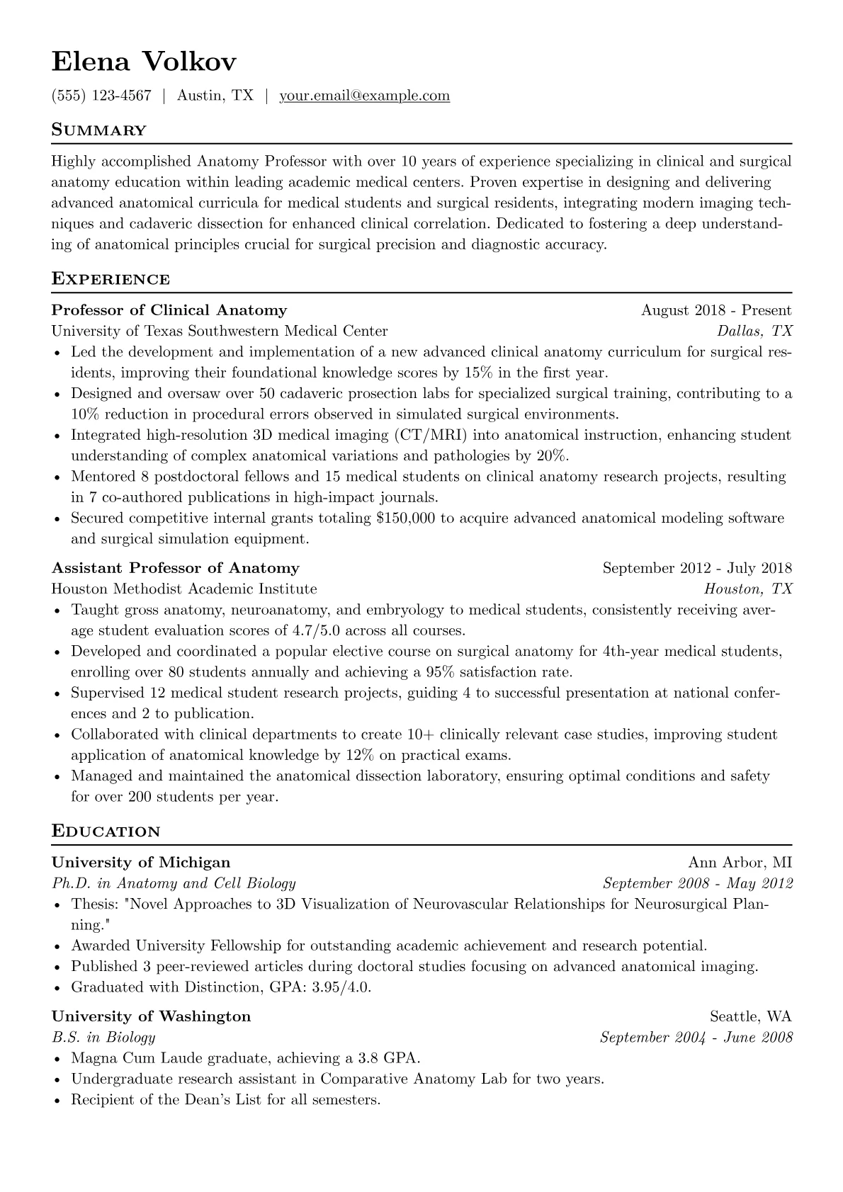 Anatomy Professor resume example, Clinical Anatomy, page 1