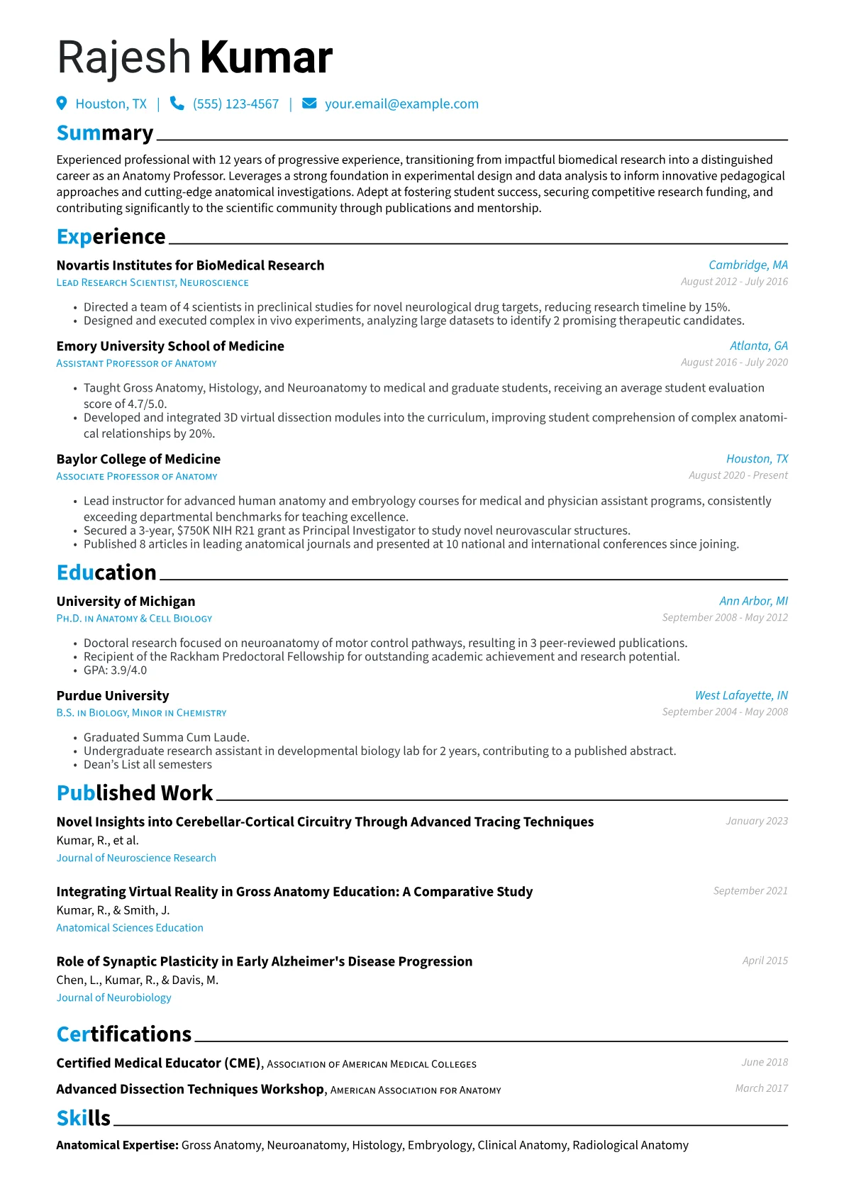 Anatomy Professor resume example, Career changer, page 1