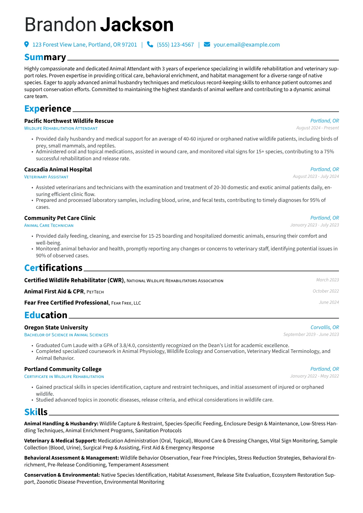 Animal Attendant resume example, Wildlife Rehabilitation, page 1