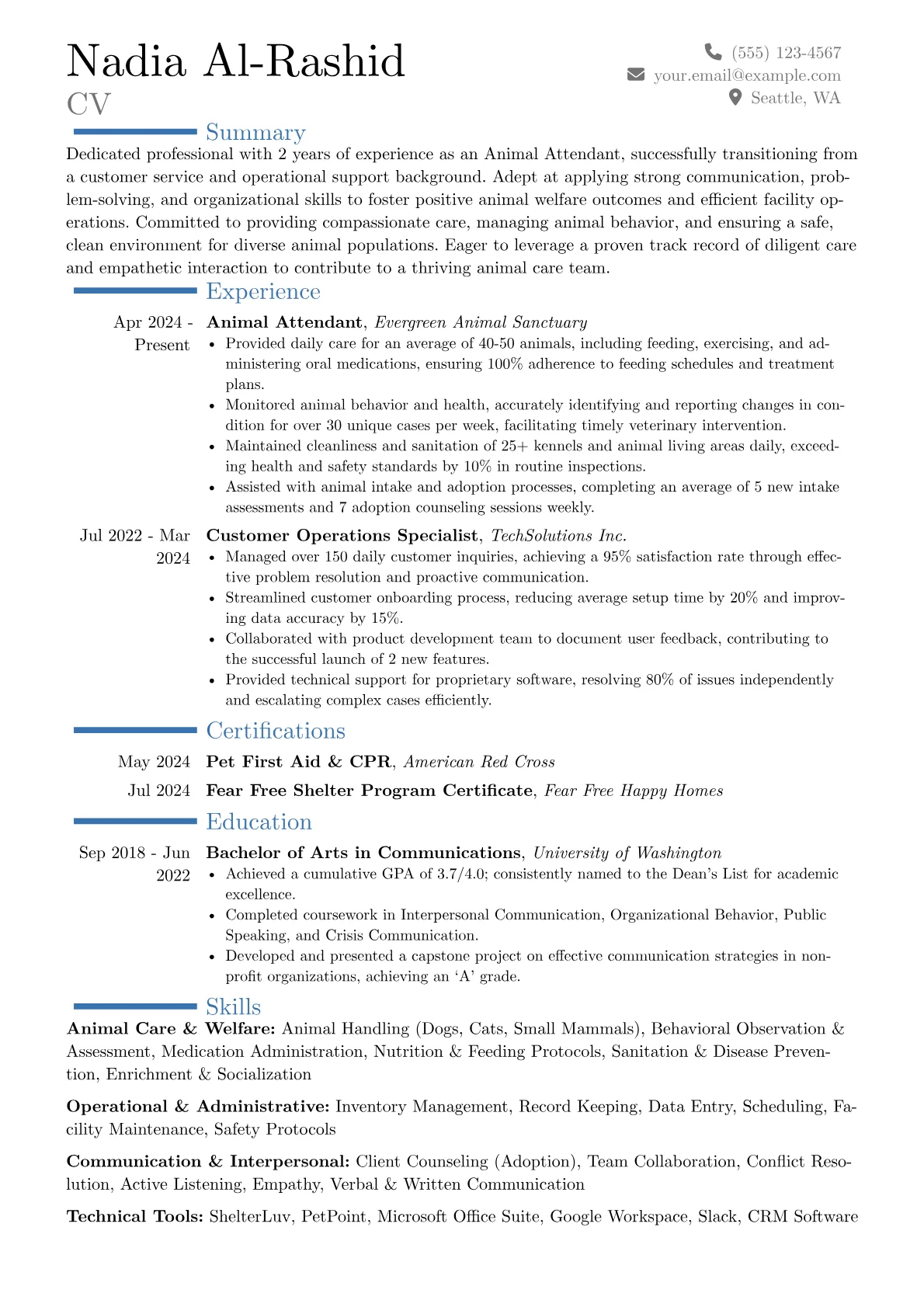 Animal Attendant resume example, Career changer, page 1