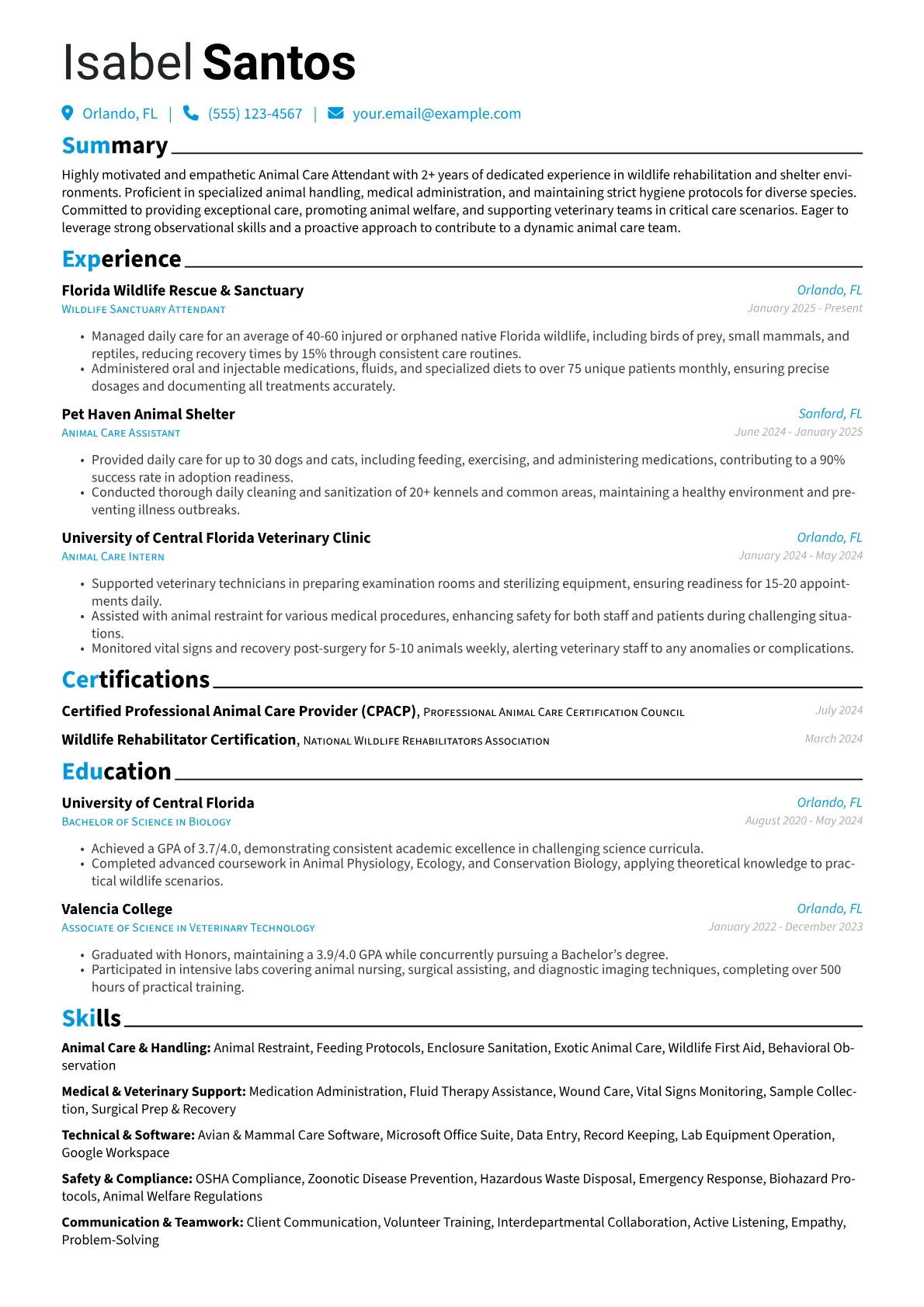 Animal Care Attendant resume example, Wildlife Rehabilitation, page 1