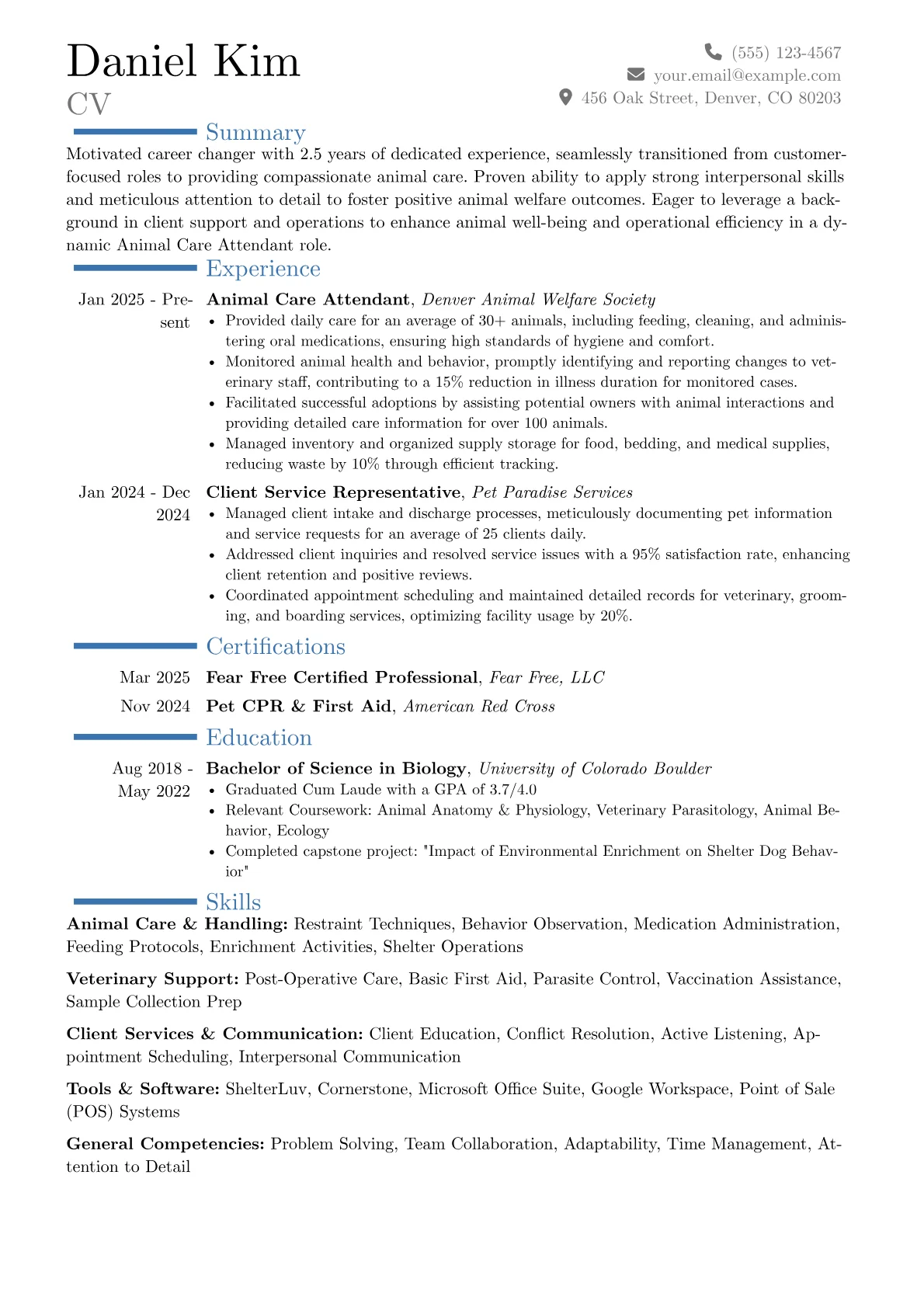 Animal Care Attendant resume example, Career changer, page 1