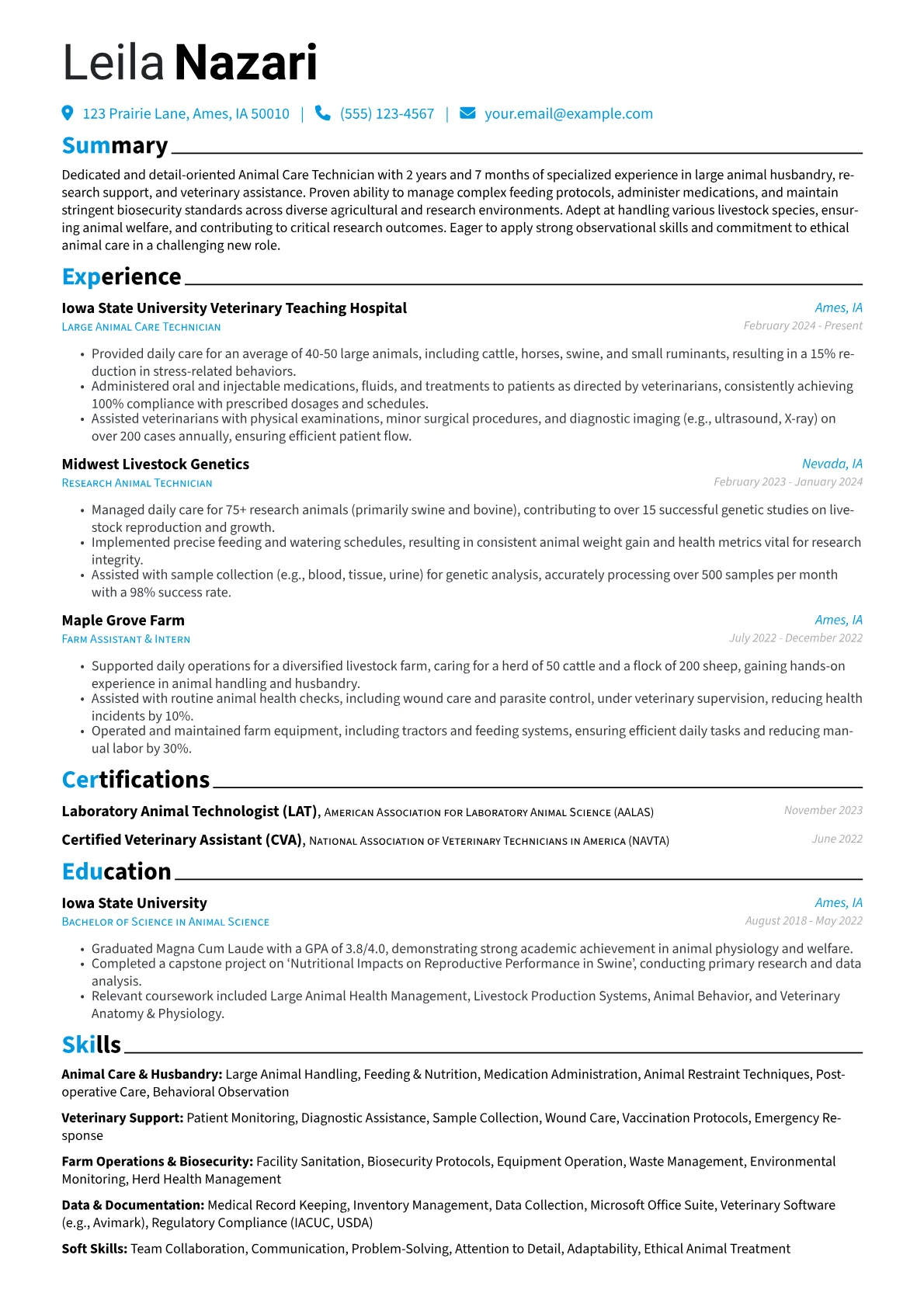 Animal Care Technician resume example, Animal Care & Husbandry, page 1