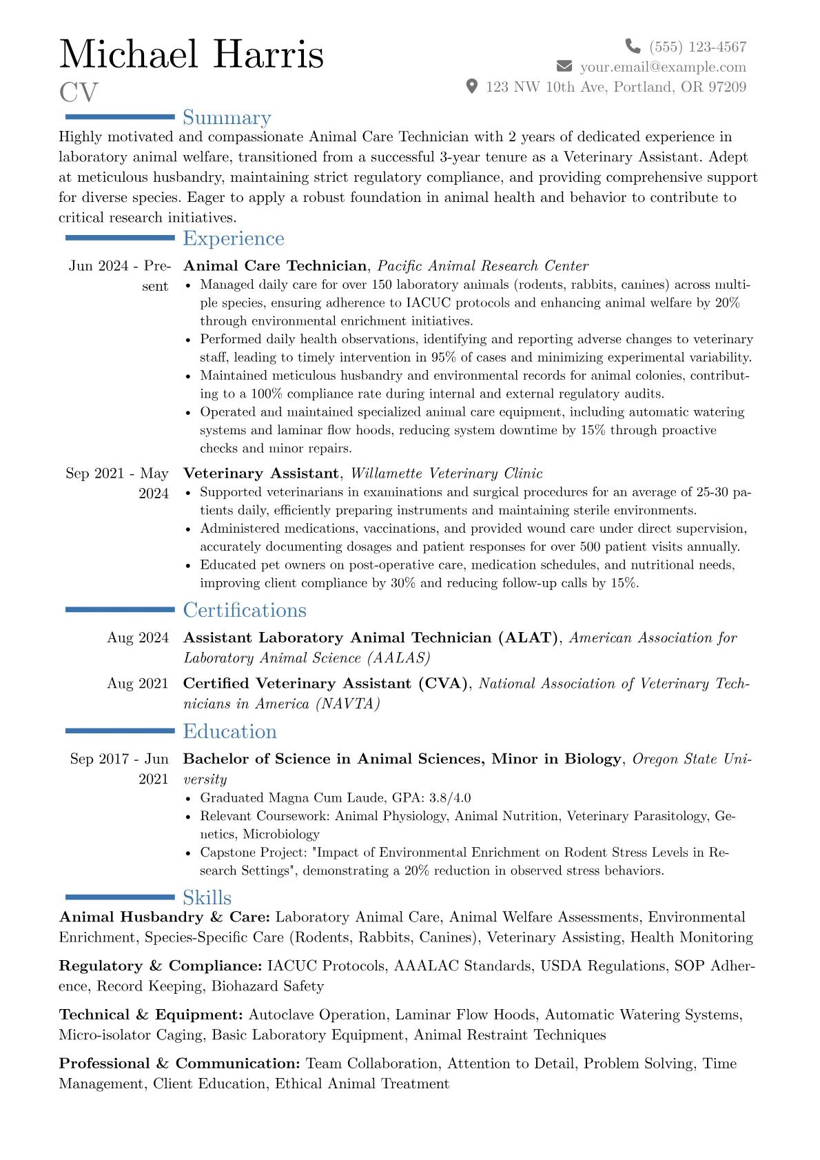 Animal Care Technician resume example, Career changer, page 1