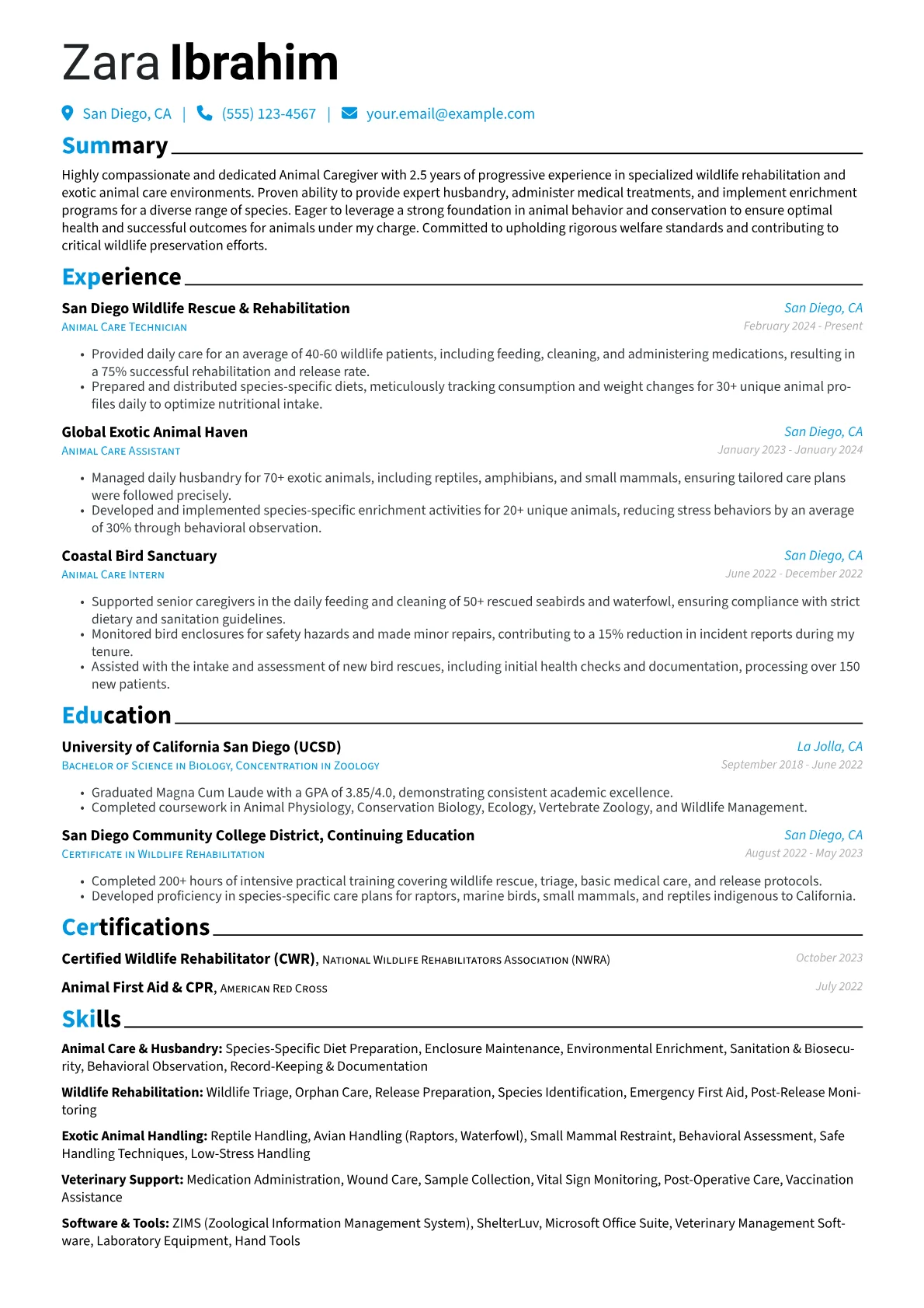 Animal Caregiver resume example, Animal Caregiver, page 1