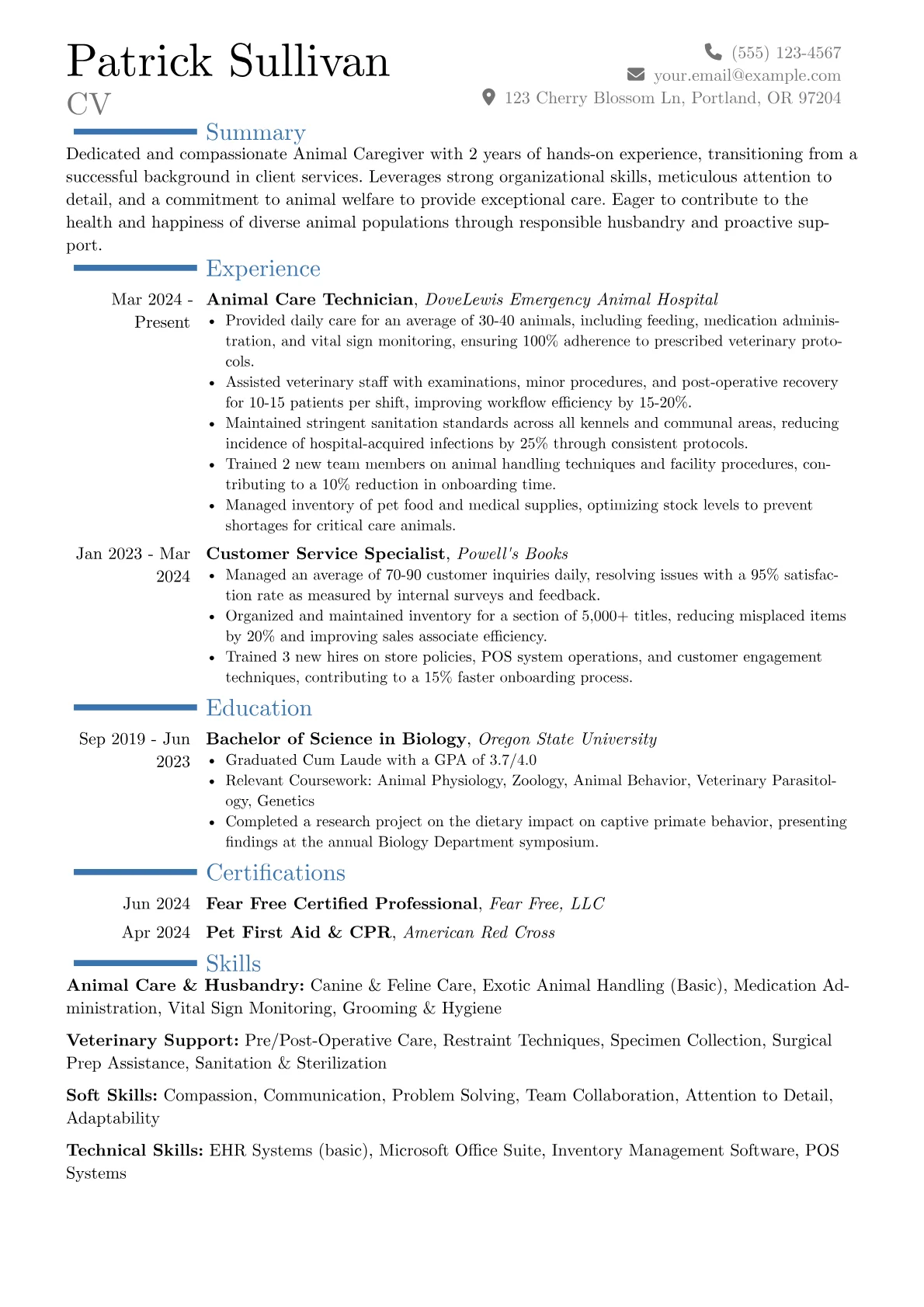 Animal Caregiver resume example, Career changer, page 1