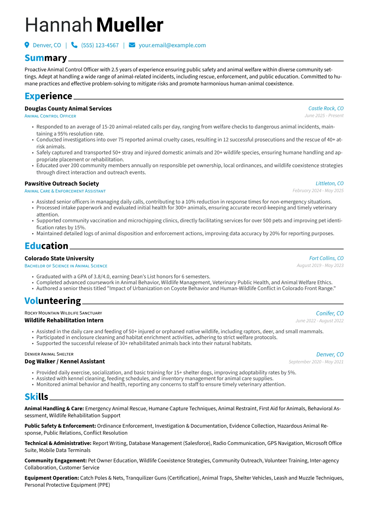 Animal Control Officer resume example, Animal Handling & Care, page 1