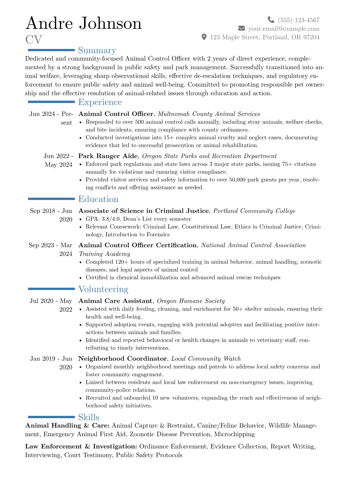 Animal Control Officer resume example, Career changer, page 1