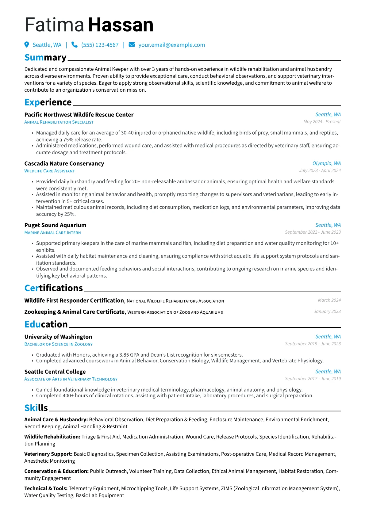 Animal Keeper resume example, Animal Keeper - Wildlife, page 1