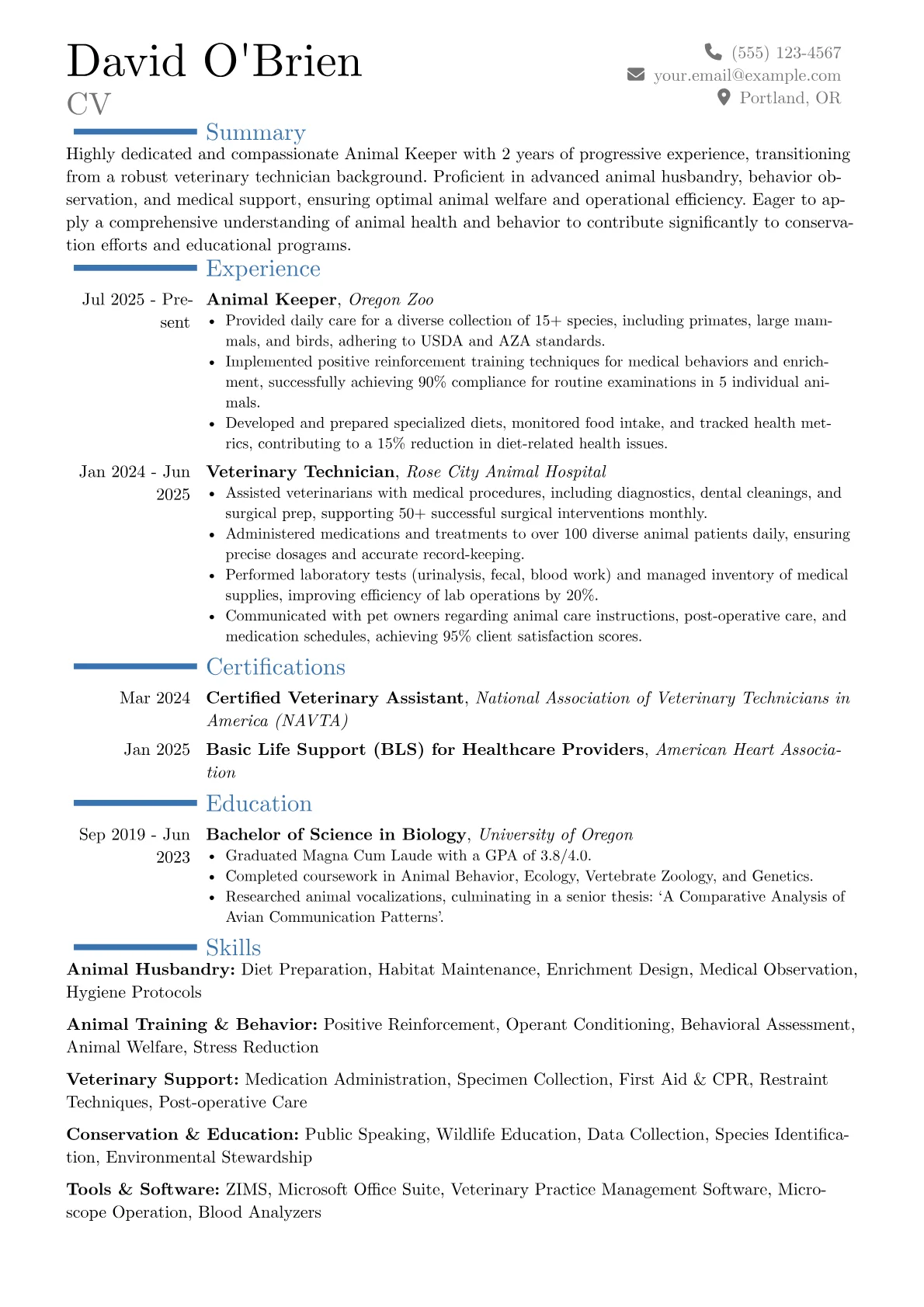 Animal Keeper resume example, Career changer, page 1
