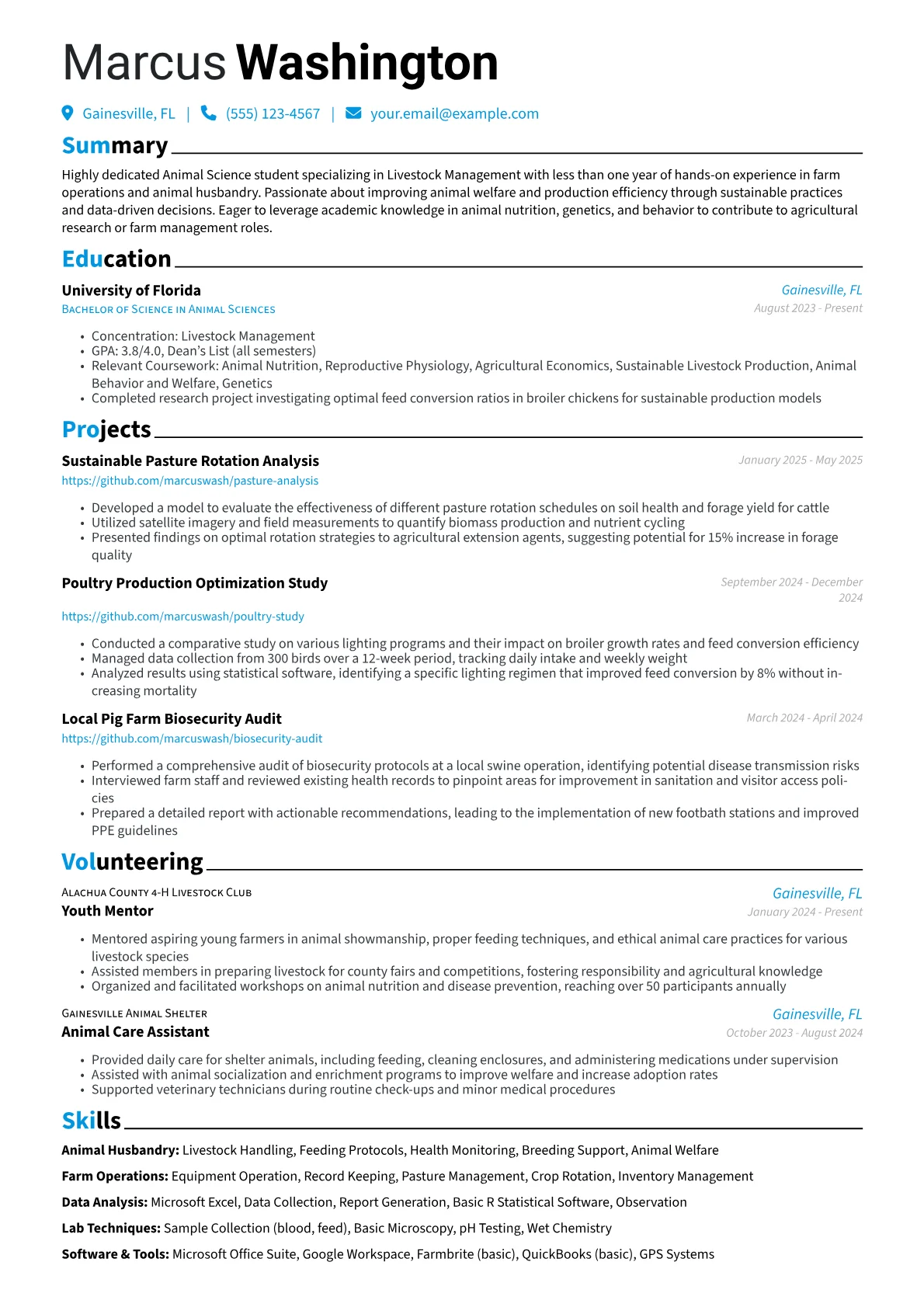 Animal Science Student resume example, Animal Science Student, page 1