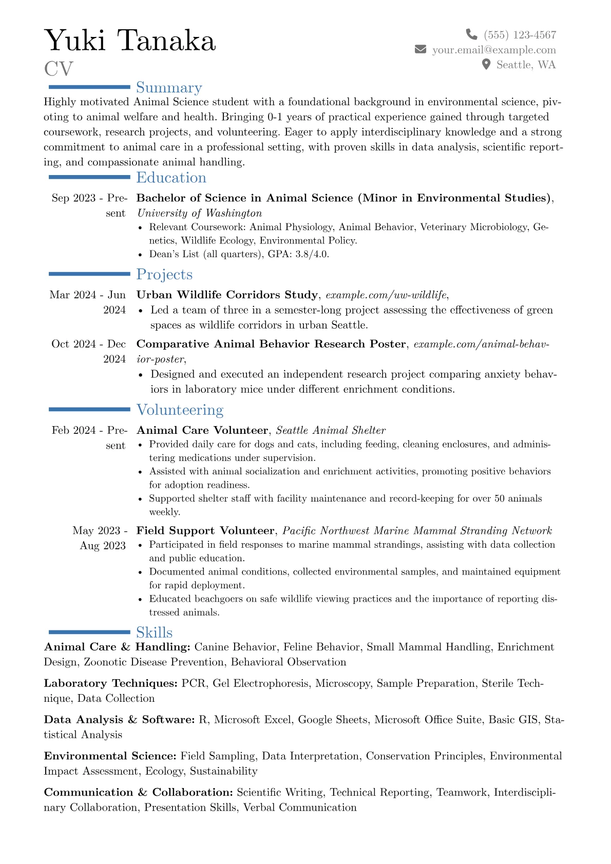 Animal Science Student resume example, Career changer, page 1
