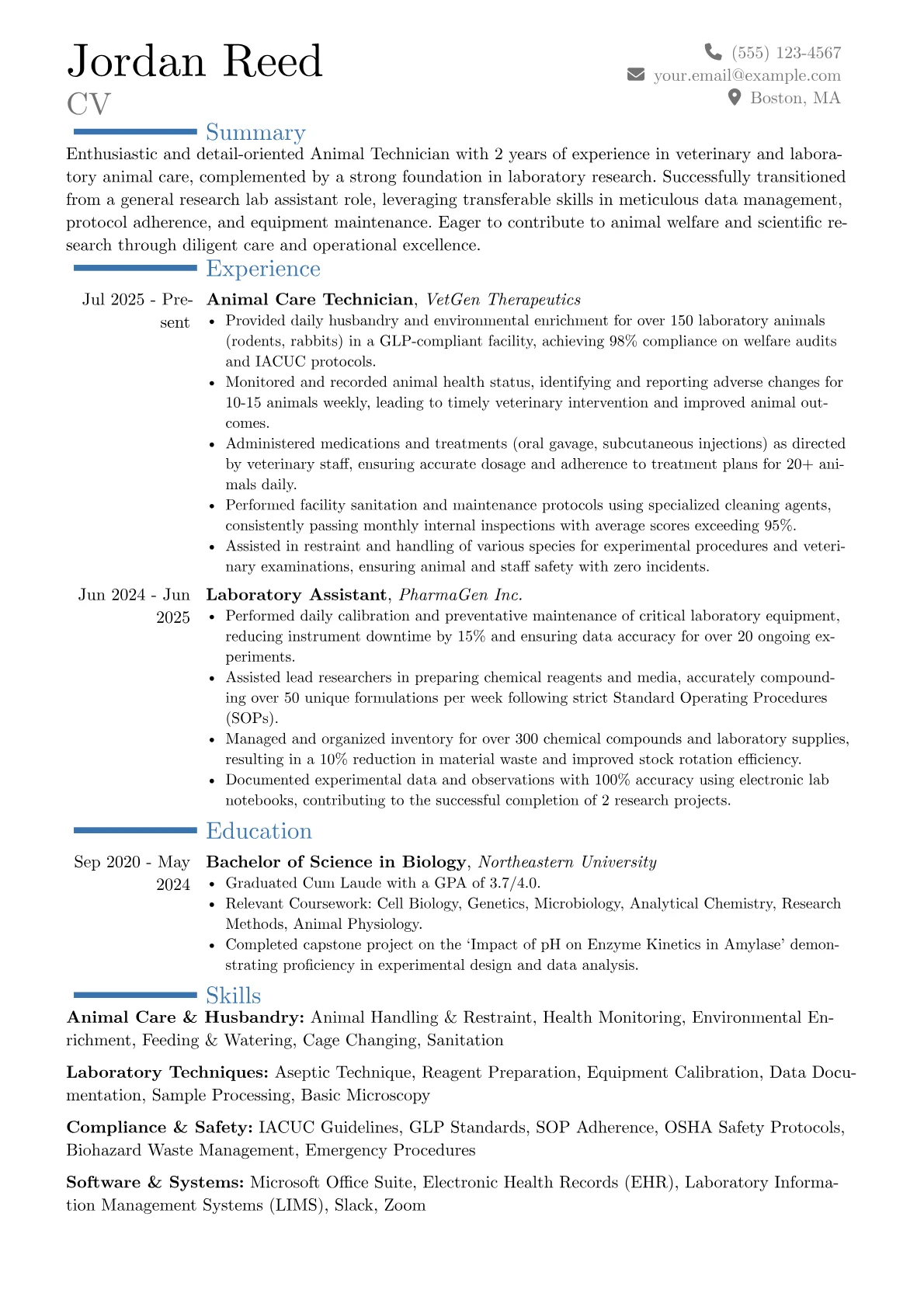 Animal Technician resume example, Career changer, page 1