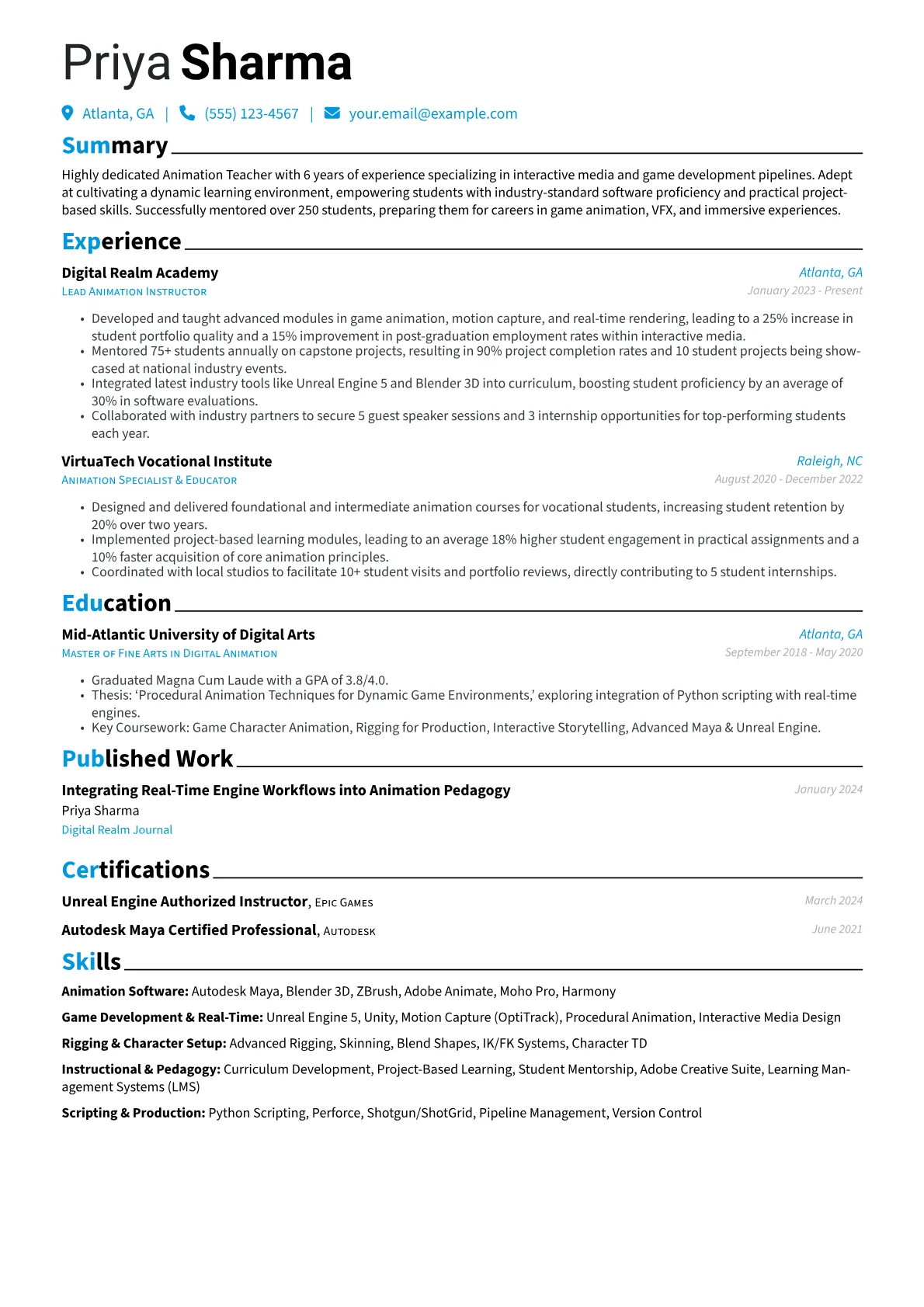 Animation Teacher resume example, Animation Teacher, page 1