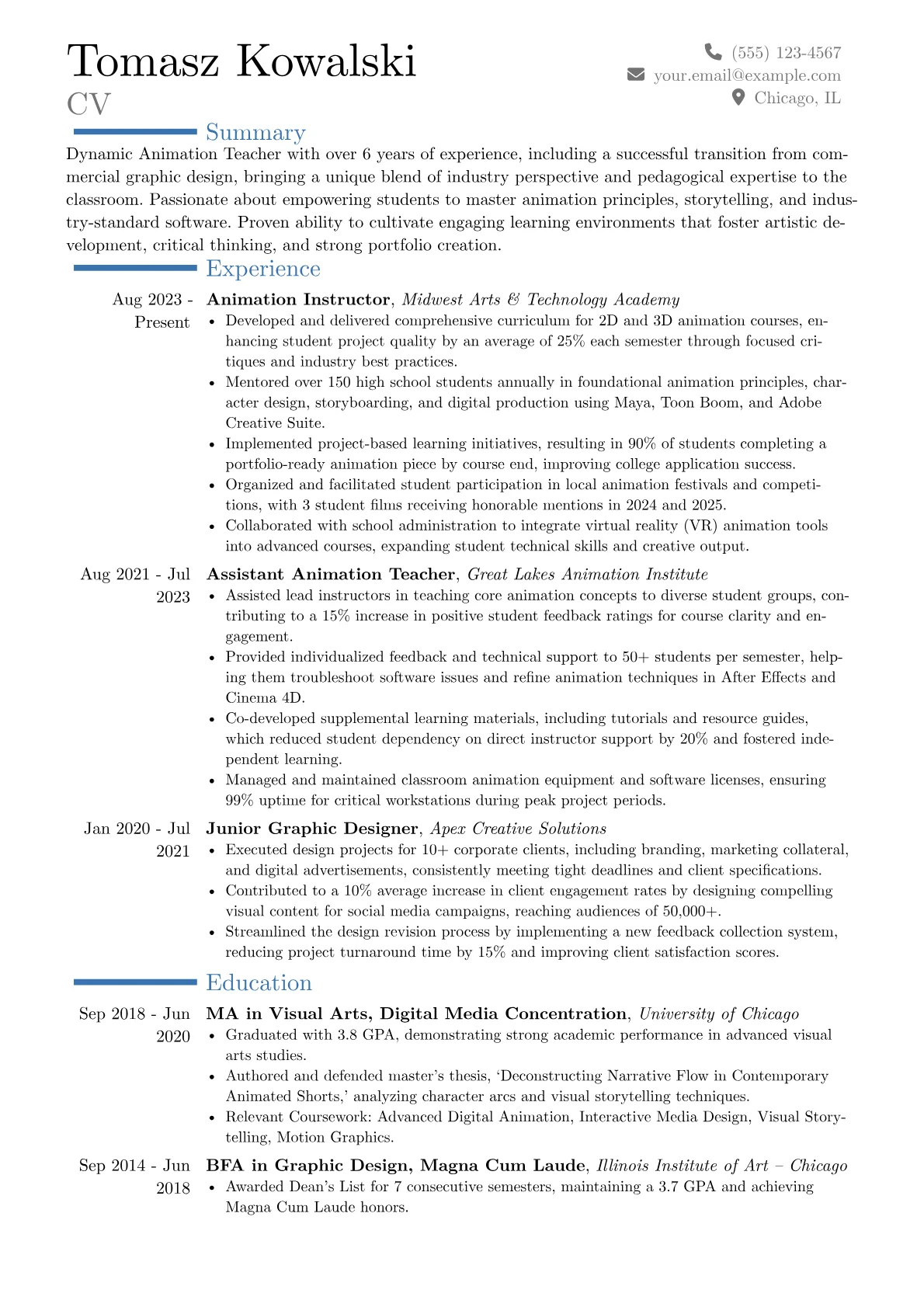 Animation Teacher resume example, Career changer, page 1