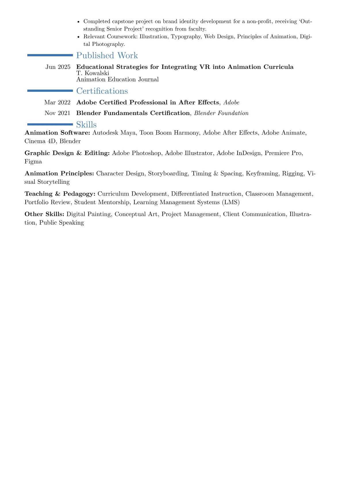 Animation Teacher resume example, Career changer, page 2