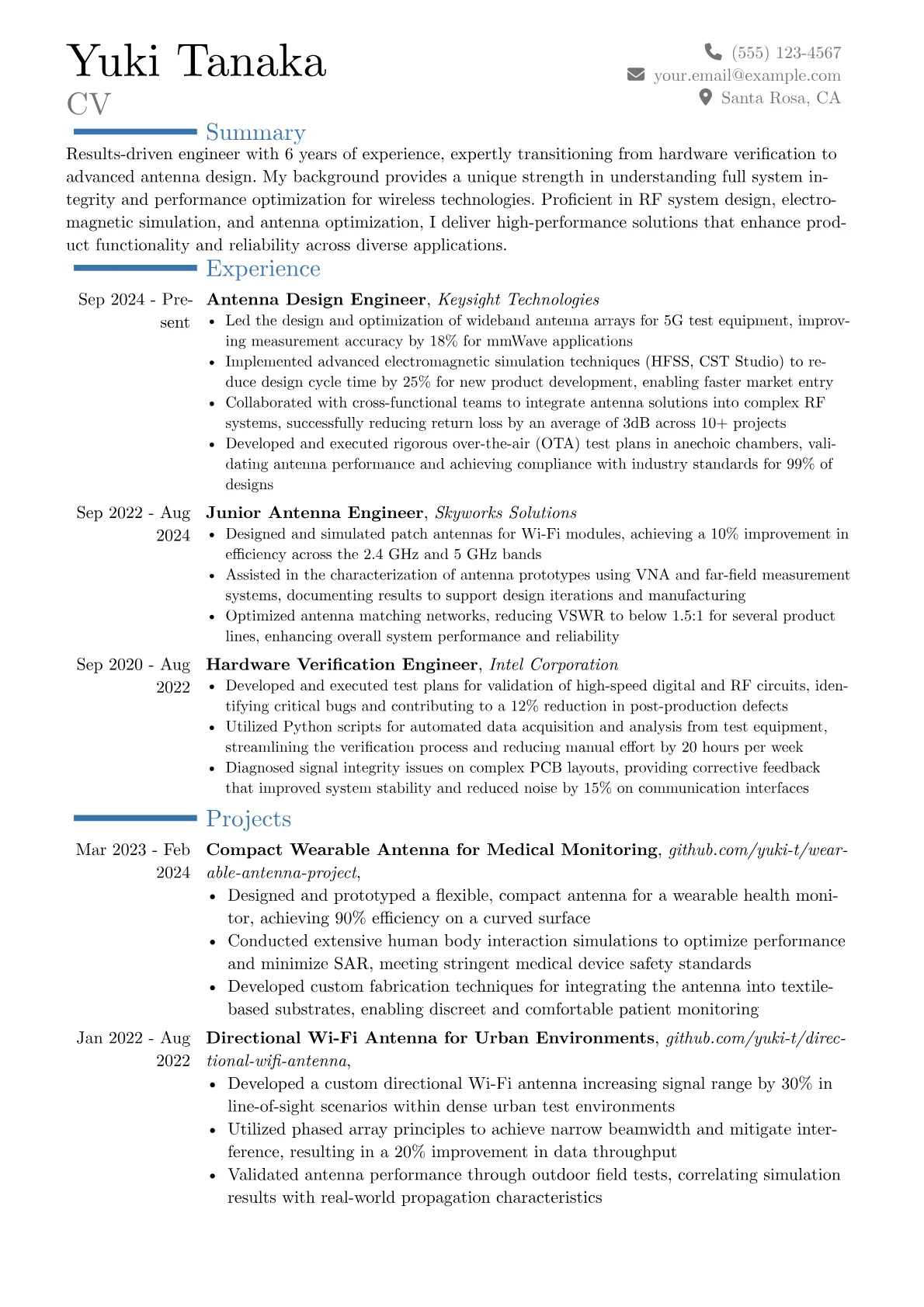 Antenna Engineer resume example, Career changer, page 1