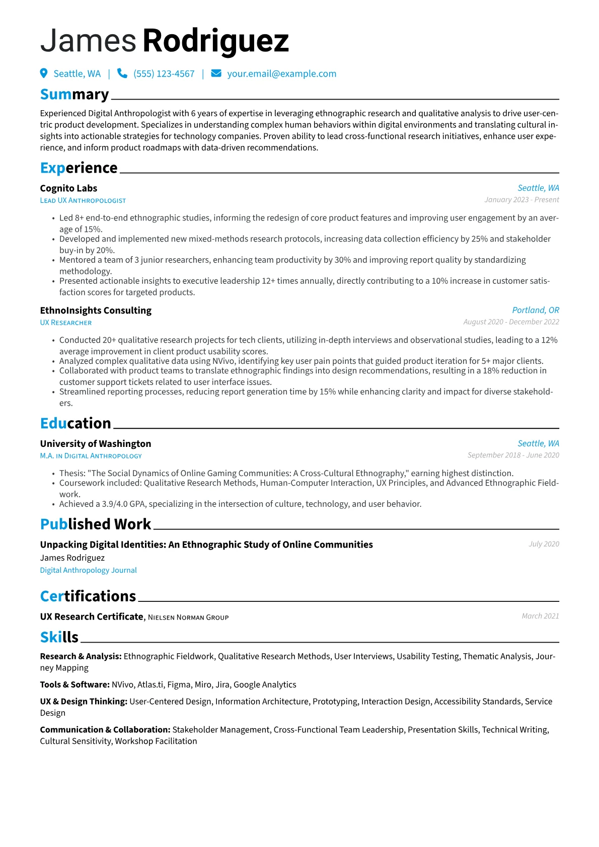 Anthropologist resume example, UX Anthropologist, page 1