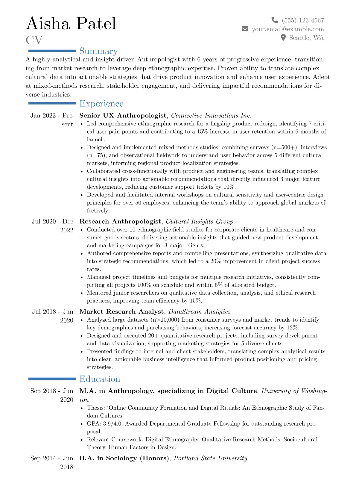 Anthropologist resume example, Career changer, page 1