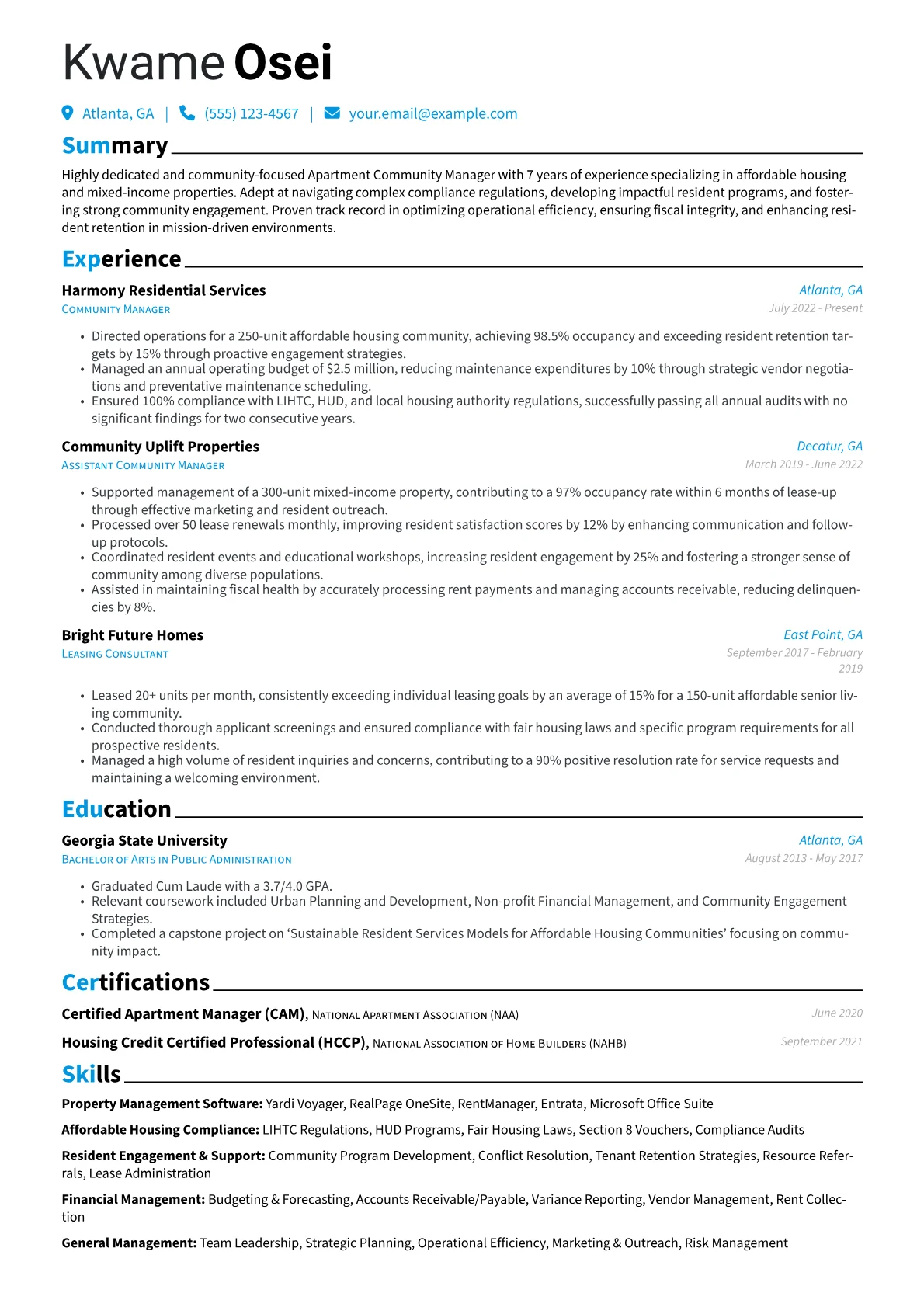 Apartment Community Manager resume example, Affordable Housing, page 1