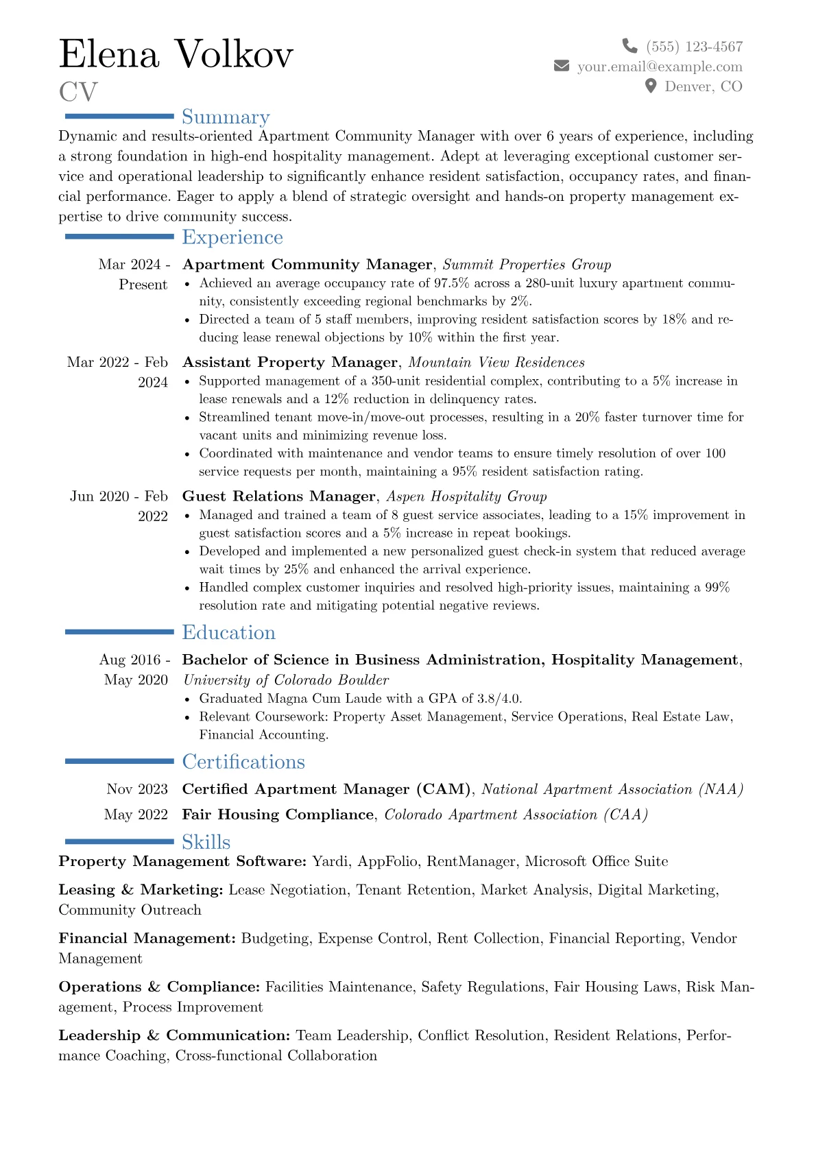 Apartment Community Manager resume example, Career changer, page 1