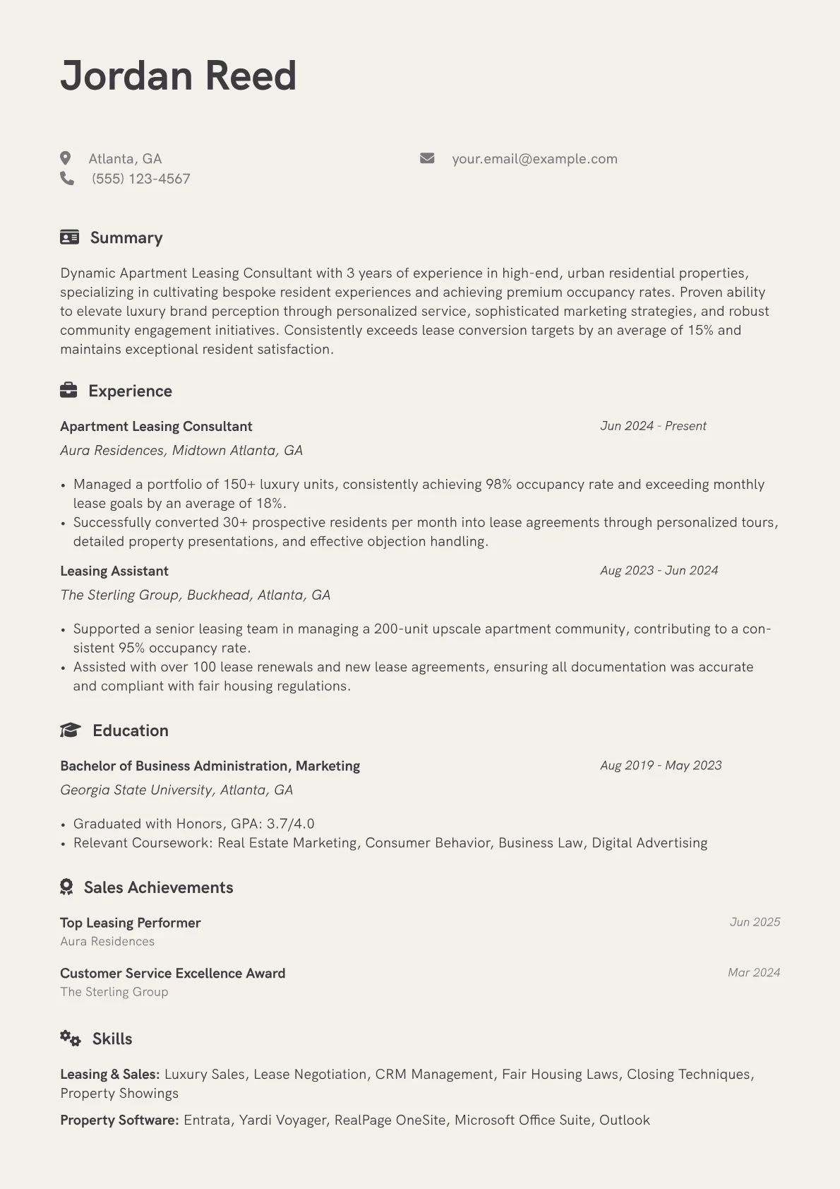 Apartment Leasing Consultant resume example, Luxury Leasing & Resident, page 1