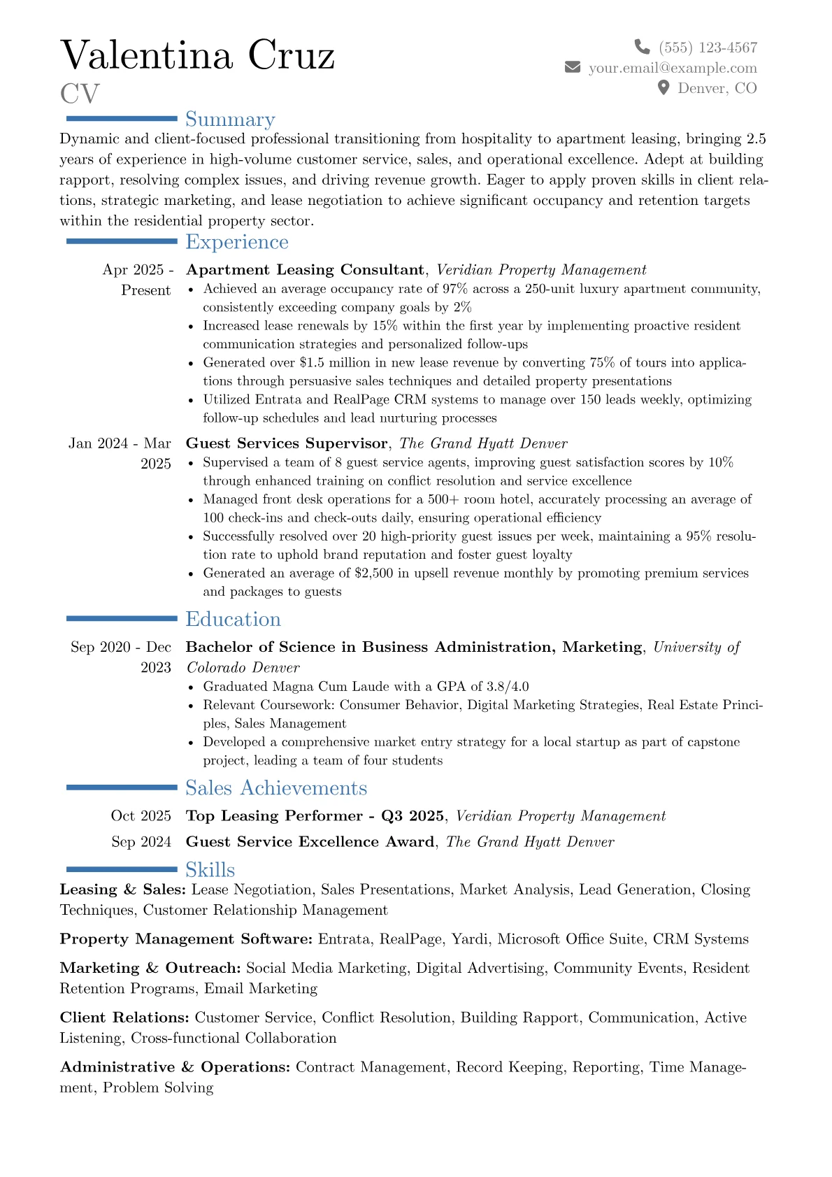 Apartment Leasing Consultant resume example, Career changer, page 1