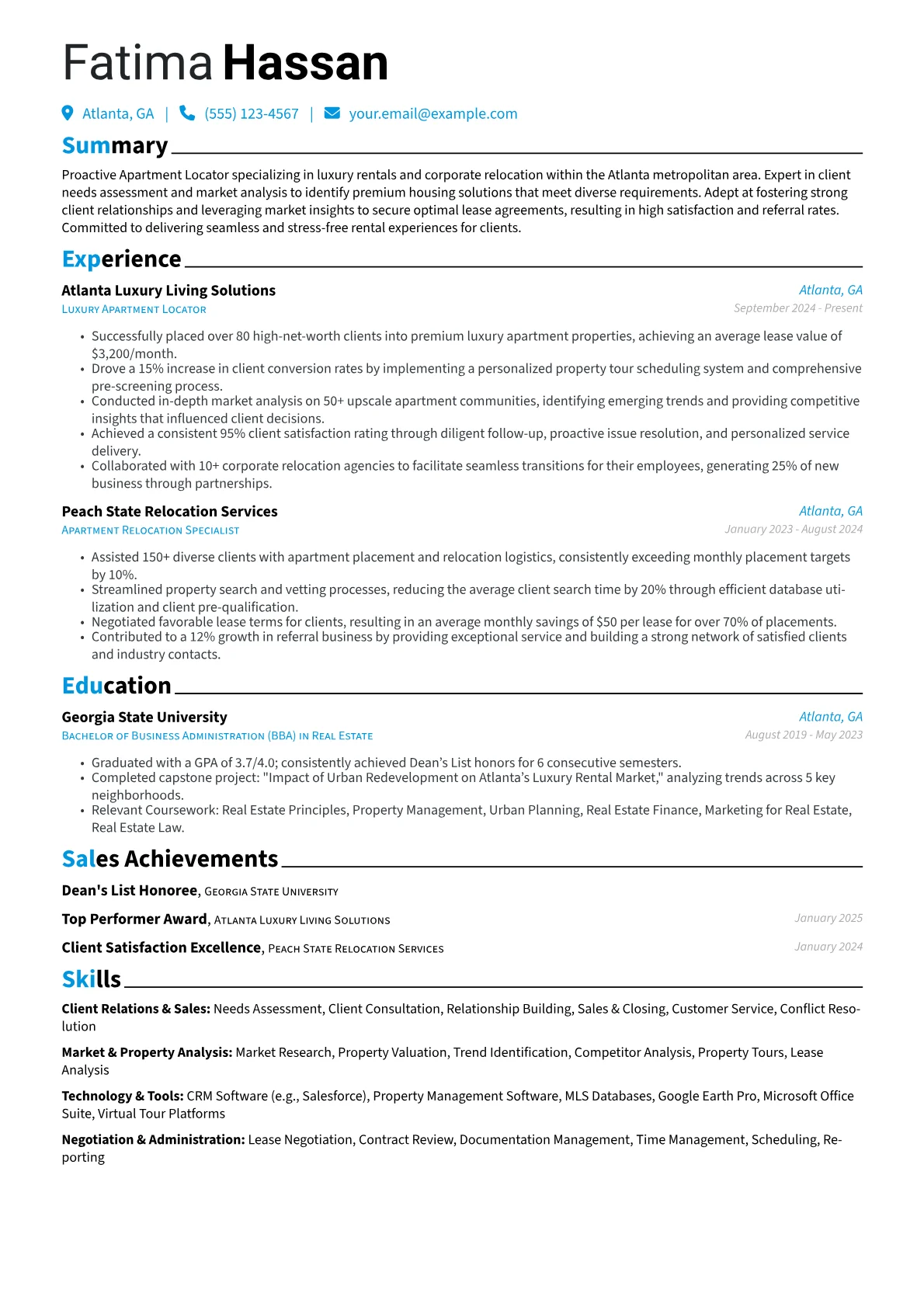Apartment Locator resume example, Luxury & Relocation, page 1