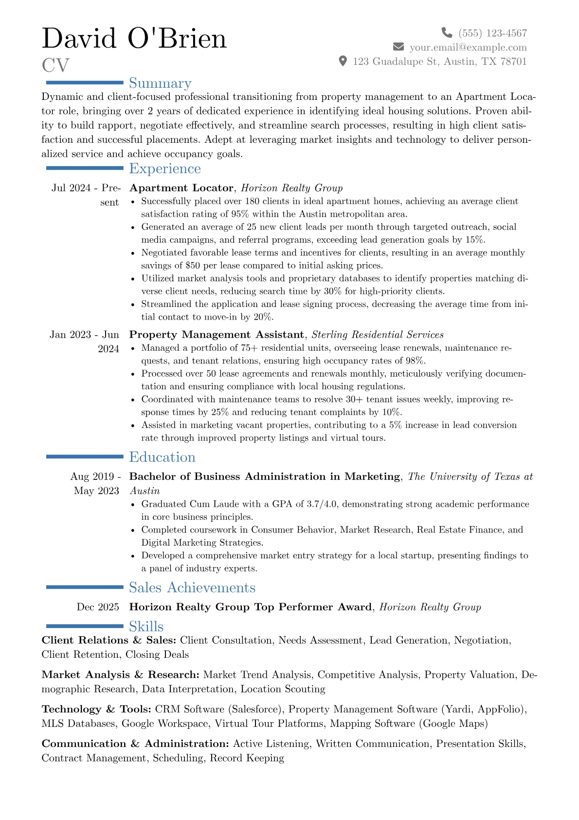 Apartment Locator resume example, Career changer, page 1