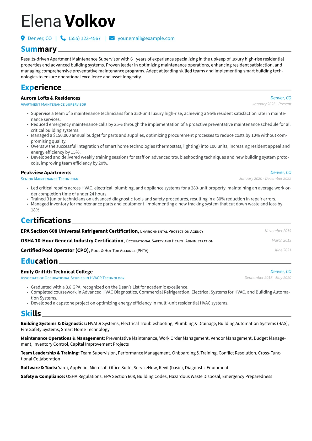 Apartment Maintenance Supervisor resume example, Luxury High-Rise, page 1