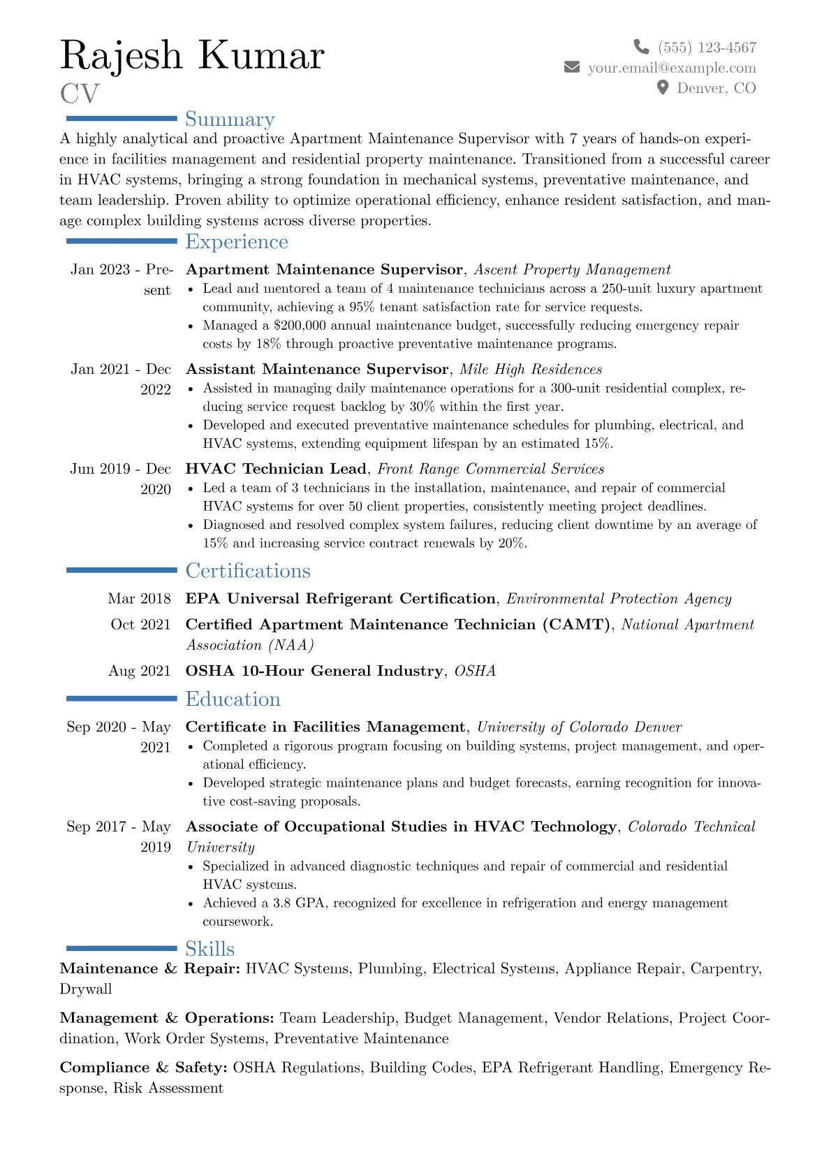 Apartment Maintenance Supervisor resume example, Career changer, page 1