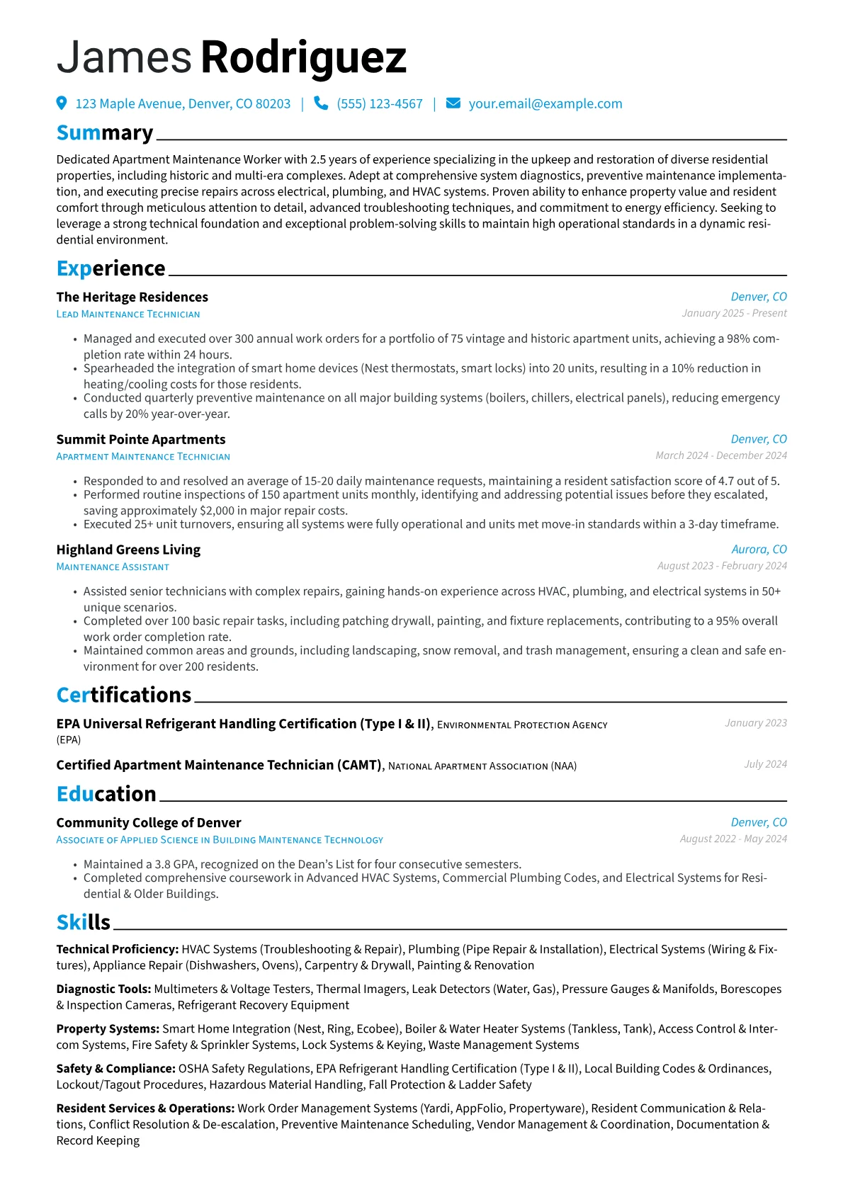 Apartment Maintenance Worker resume example, Entry, page 1