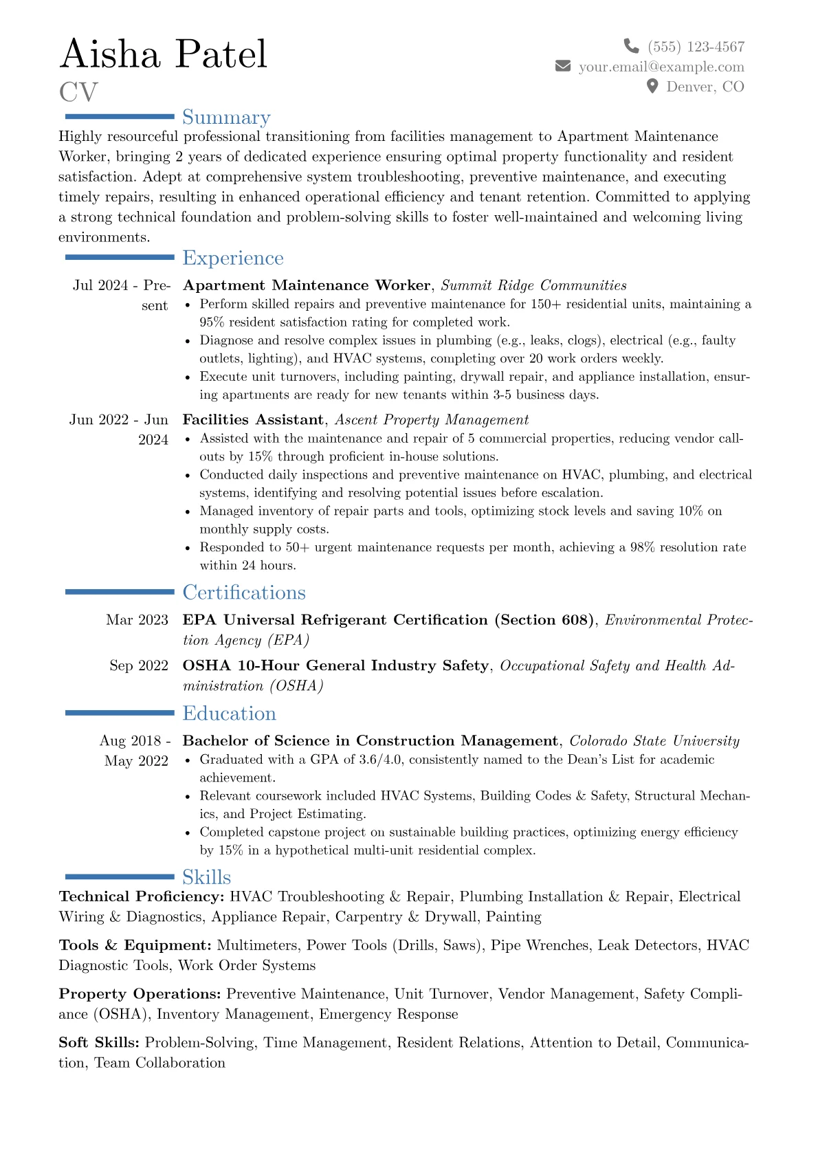 Apartment Maintenance Worker resume example, Career changer, page 1