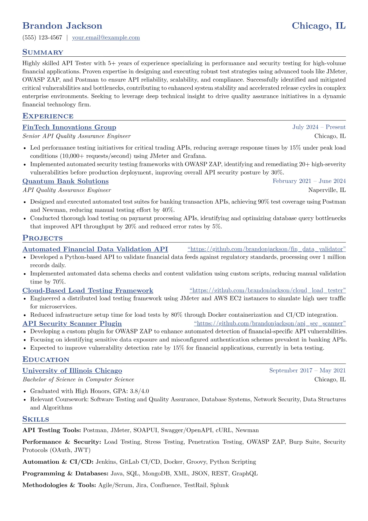API Tester resume example, API Performance & Security, page 1