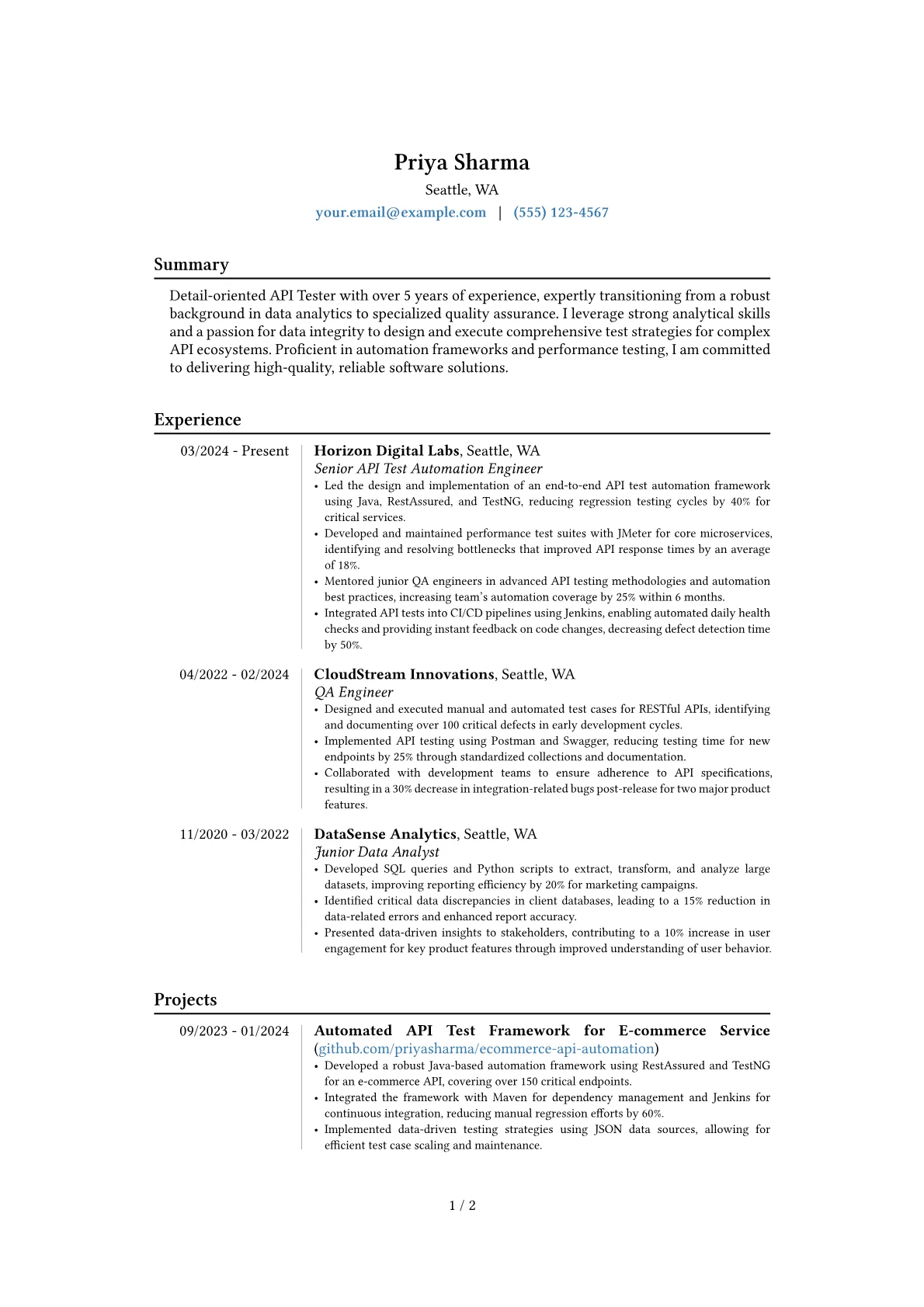 API Tester resume example, Career changer, page 1