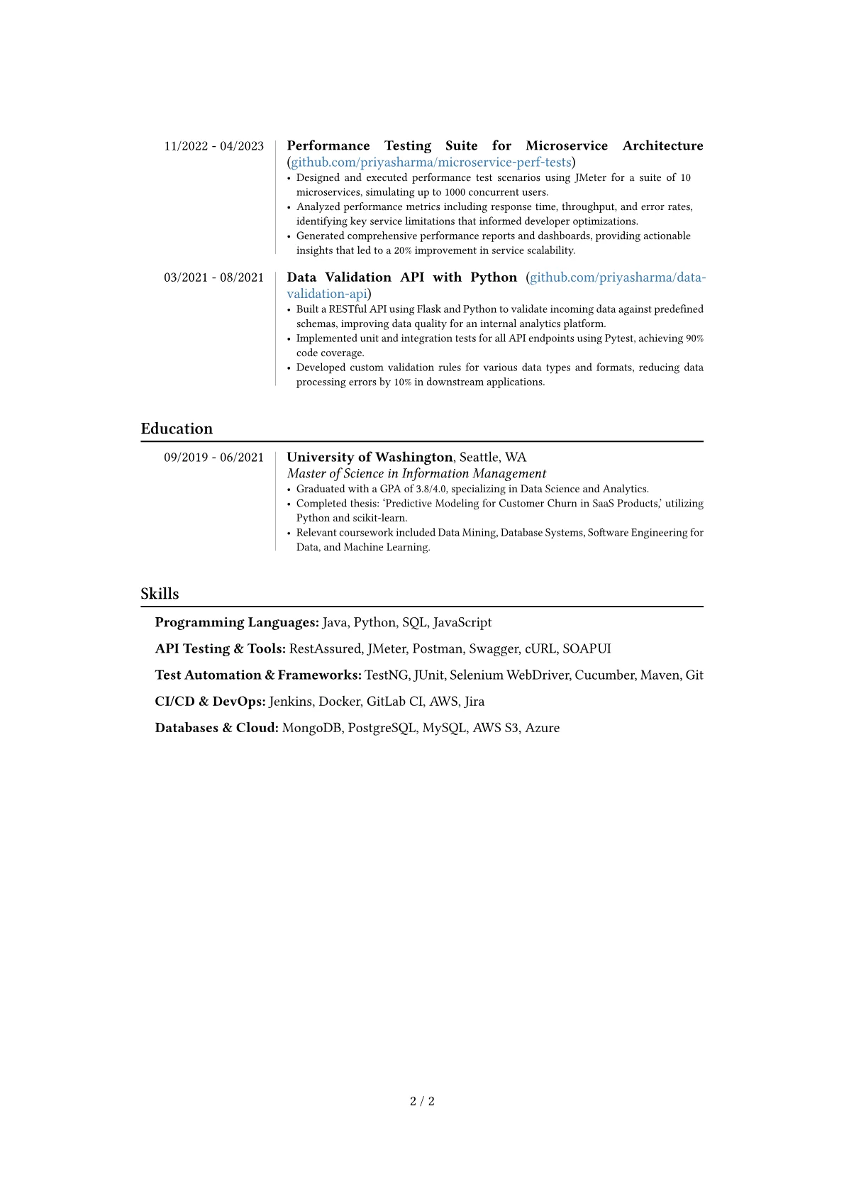 API Tester resume example, Career changer, page 2