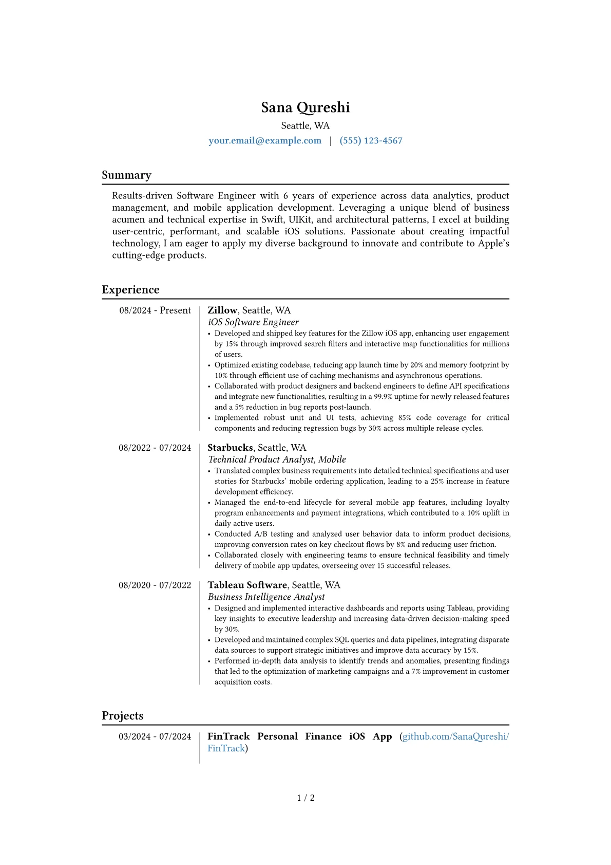 Apple resume example, Career changer, page 1