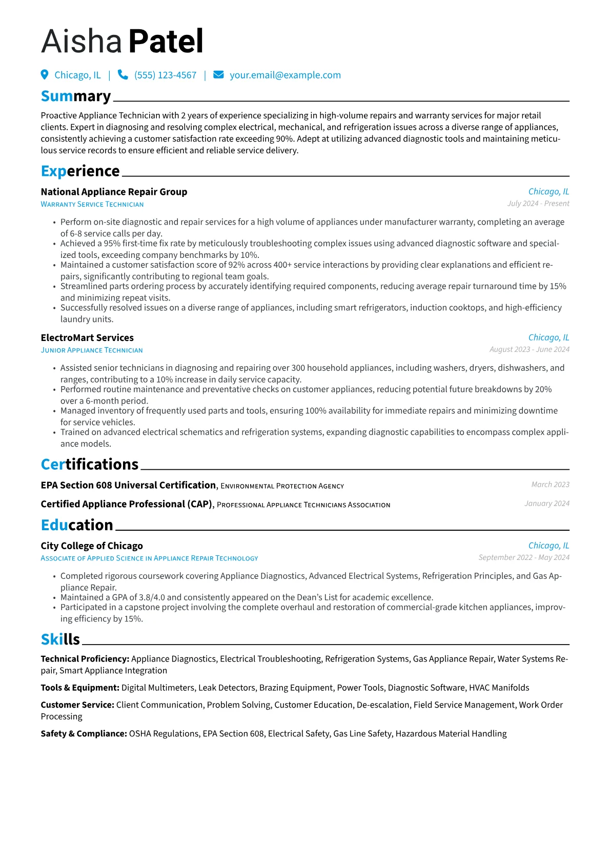 Appliance Technician resume example, Appliance Technician, page 1