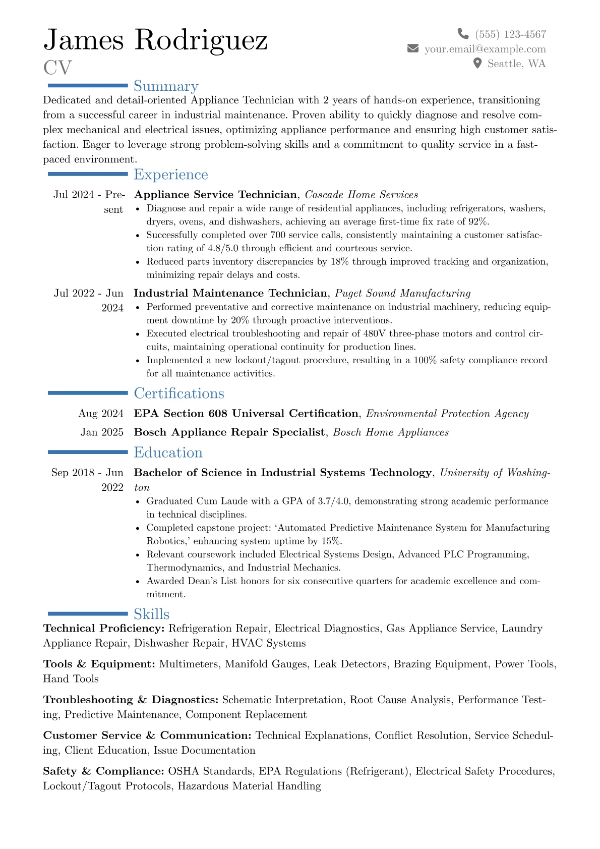Appliance Technician resume example, Career changer, page 1