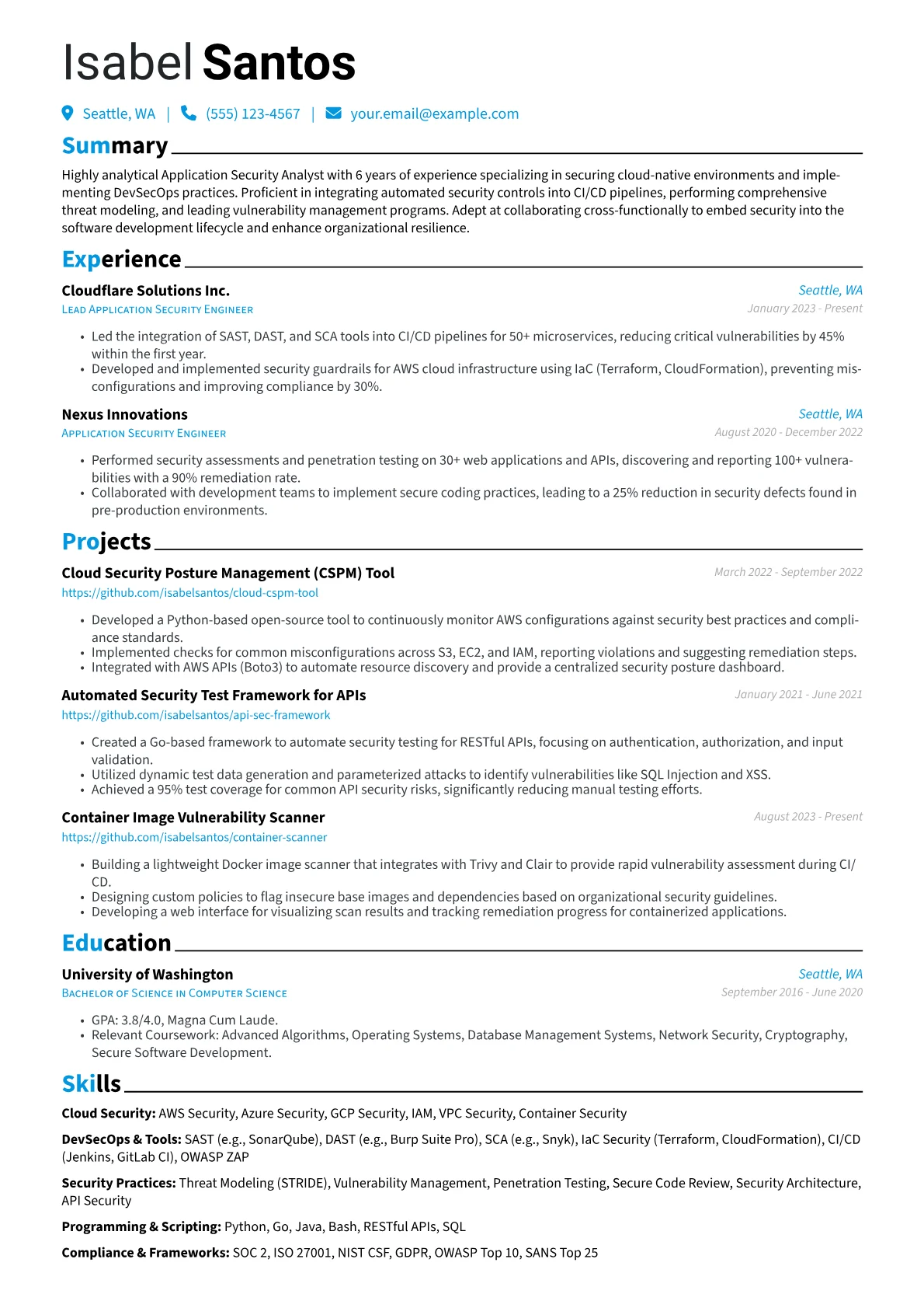 Application Security Analyst resume example, Cloud-Native DevSecOps, page 1