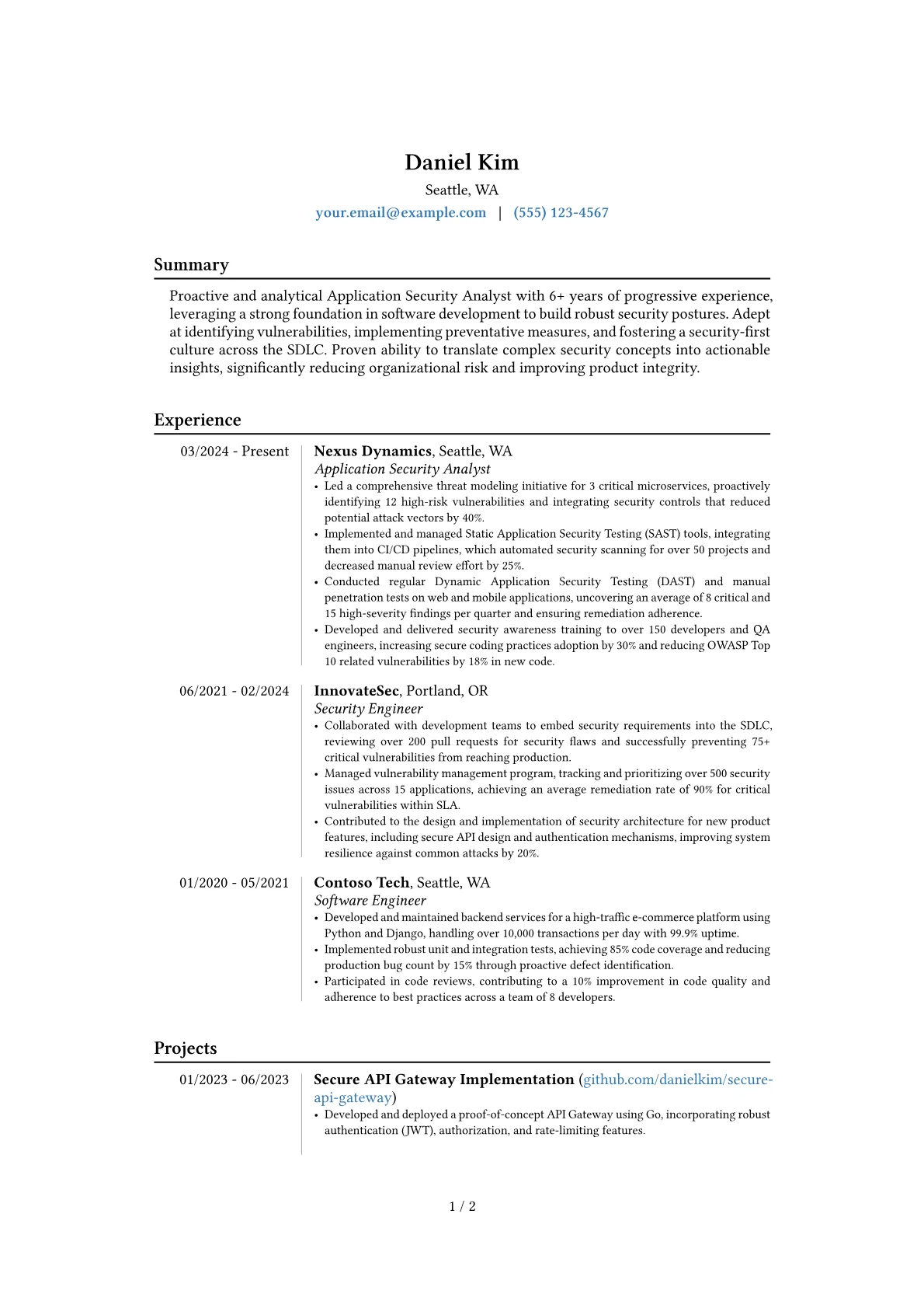 Application Security Analyst resume example, Career changer, page 1