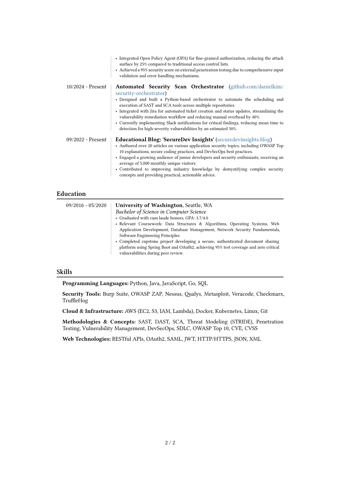 Application Security Analyst resume example, Career changer, page 2