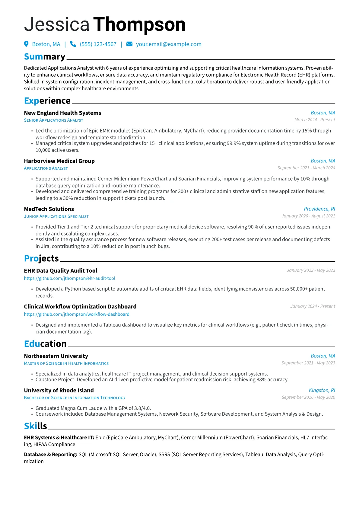 Applications Analyst resume example, Healthcare IT Applications, page 1